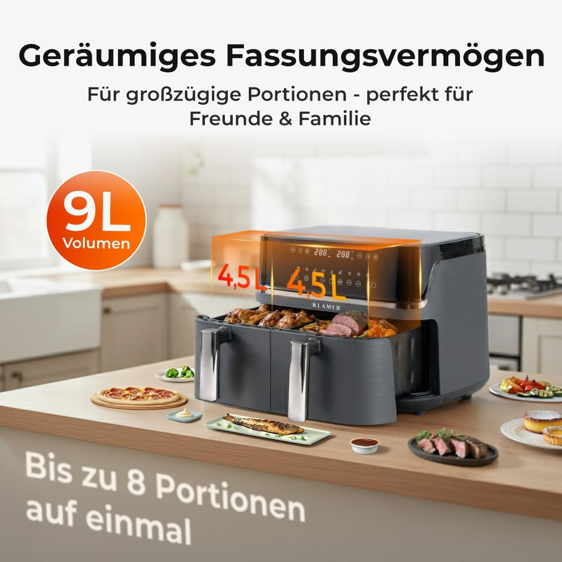 Ein großer Doppelschubladen-Heißluftfritteuse mit zwei 4,5L Körben, gefüllt mit Essen.