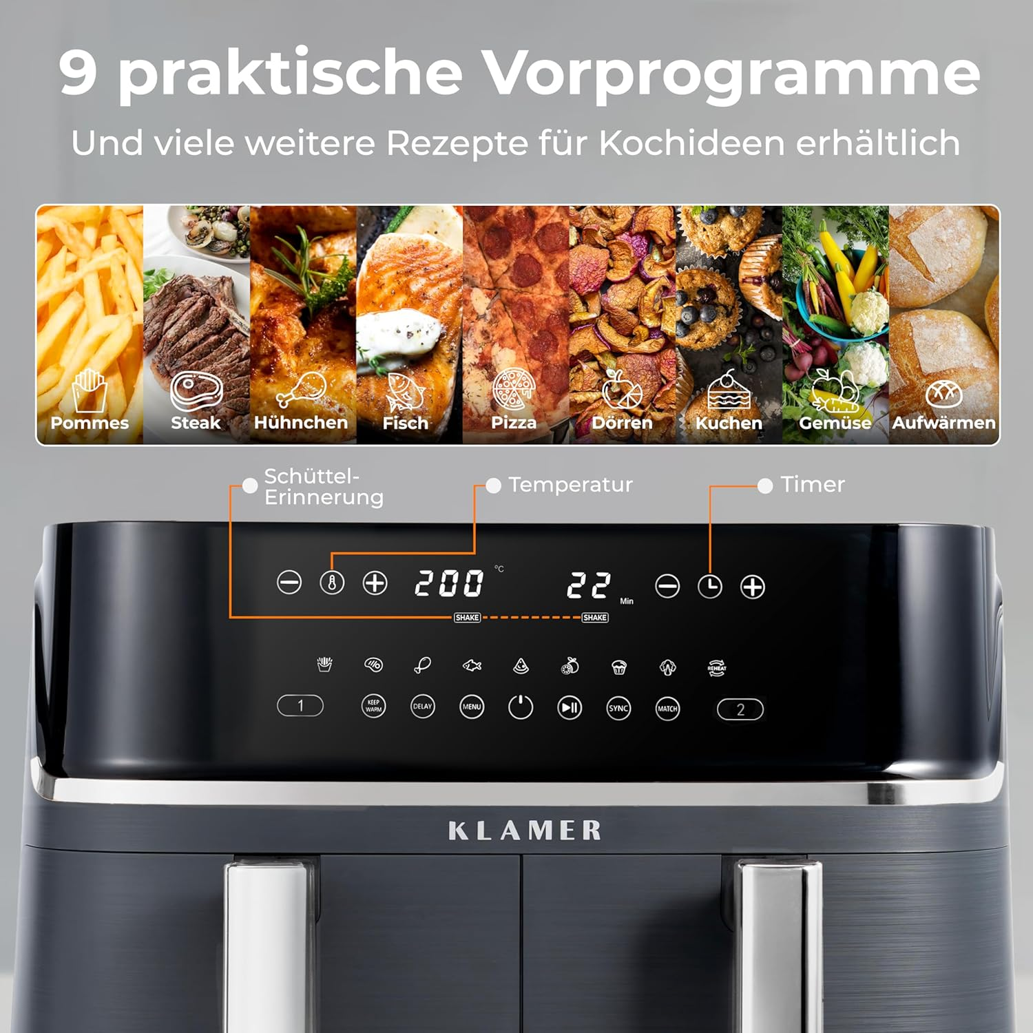 Ein Airfryer mit Touchscreen zeigt versch. Speisen, Einstellungen: 200°C, 22 Min.