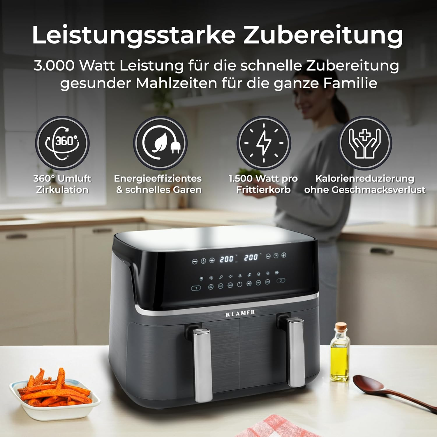 Ein moderner schwarzer Dörrautomat steht auf einer Arbeitsplatte mit Pommes.