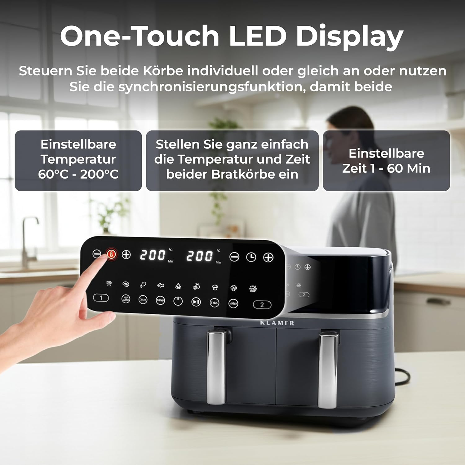 Ein schwarzer Doppelluftfritteuse mit Touchscreen-Bedienfeld wird gezeigt.