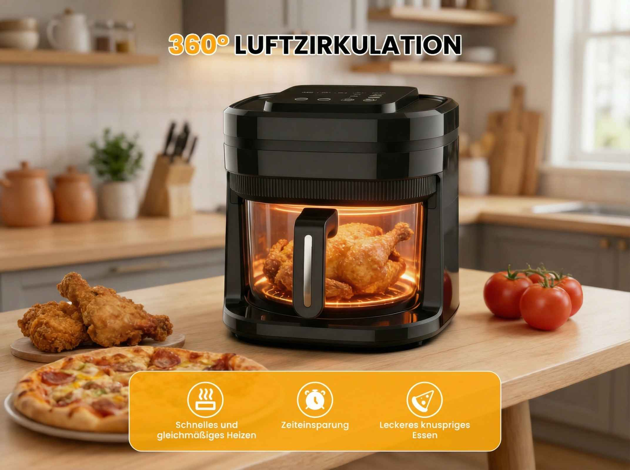 Ein Hähnchen gart in einem schwarzen Heißluftfritteusen-Ofen neben Pizza und Hähnchenschenkeln.
