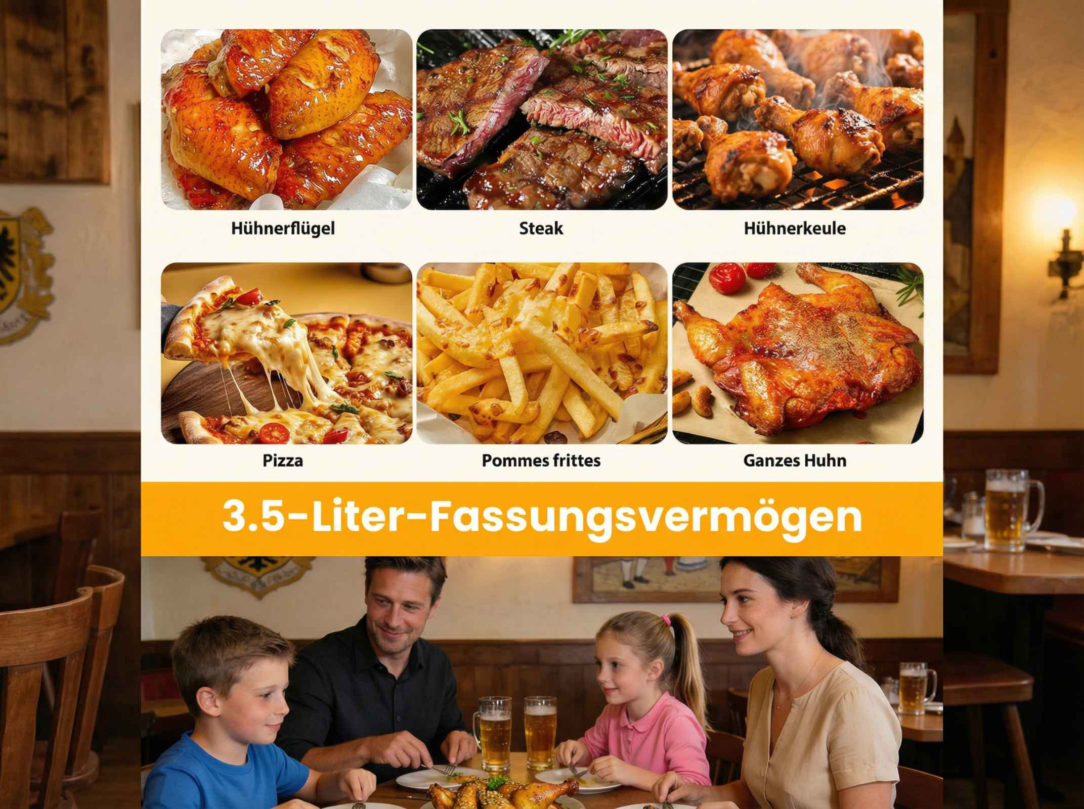 Bilder von Hühnerflügeln, Steak, Pommes, Pizza, ganzem Huhn und Familie beim Essen.