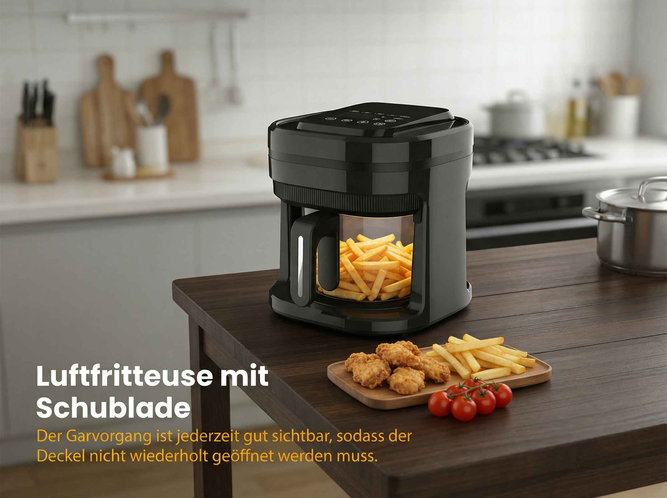 Schwarze Heißluftfritteuse mit Pommes und Nuggets auf einem Holztisch.
