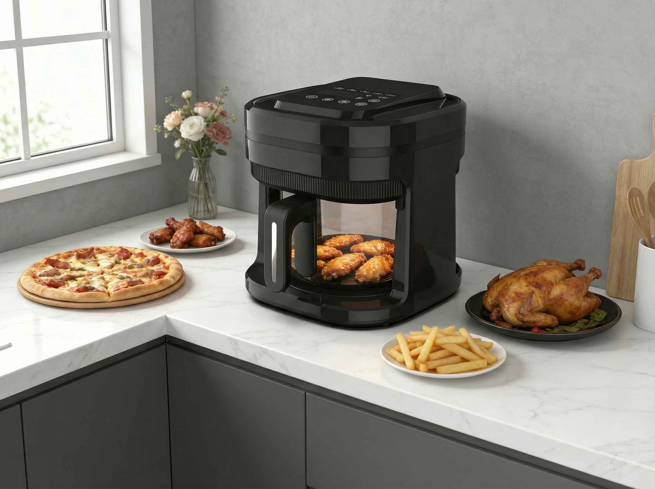 Schwarze Heißluftfritteuse mit Hähnchenflügeln, daneben Pizza, Brathähnchen und Pommes.