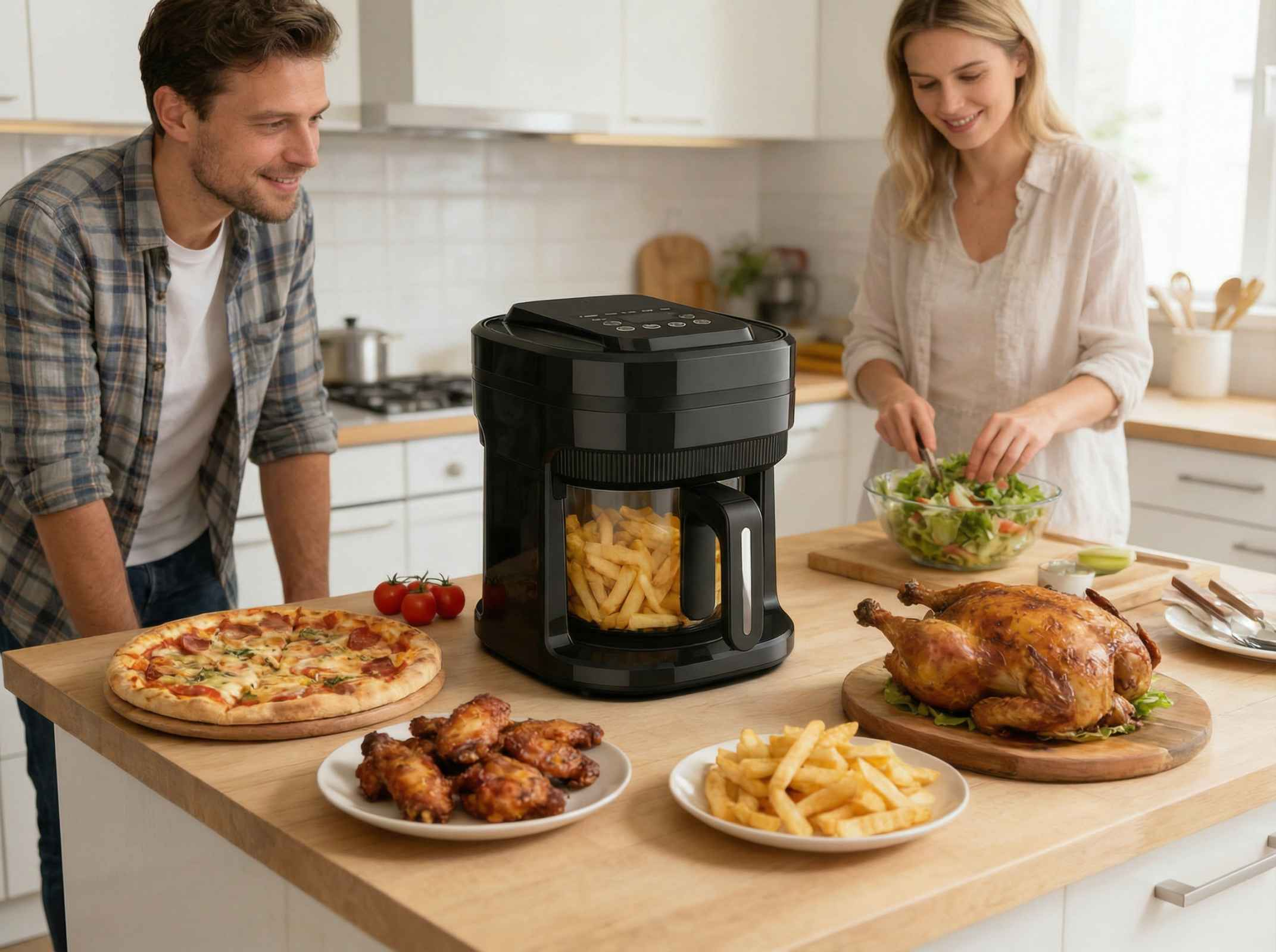 Ein Paar kocht in einer Küche. Auf der Arbeitsplatte stehen Pizza, Hähnchenflügel, Pommes und ein Brathähnchen.