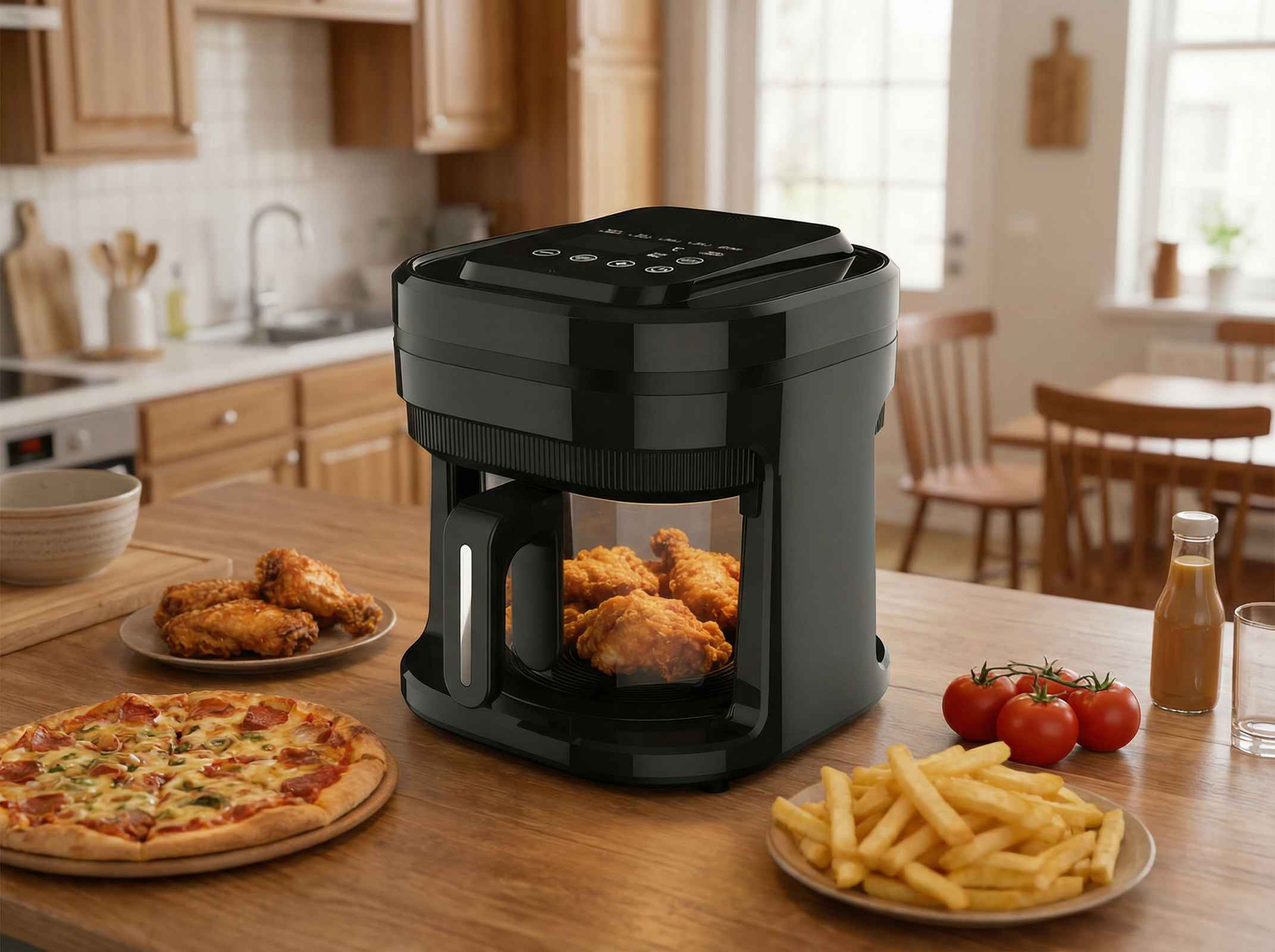 Ein schwarzer Heißluftfritteuse mit Hähnchenteilen, Pizza, Pommes und Tomaten.