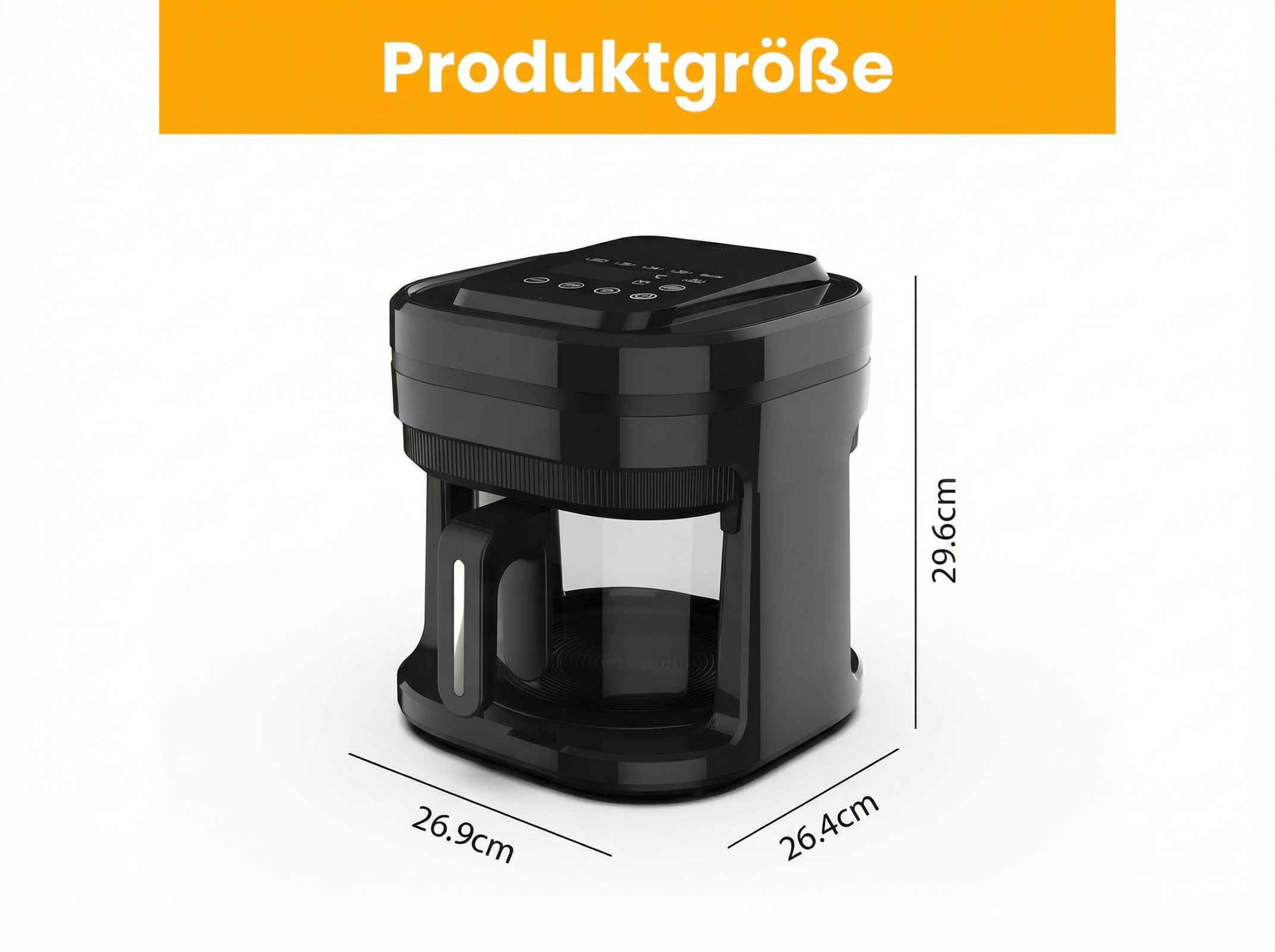 Schwarze Kaffeemaschine mit Maßen 26,9x26,4x29,6cm. Oben sind Bedienelemente.