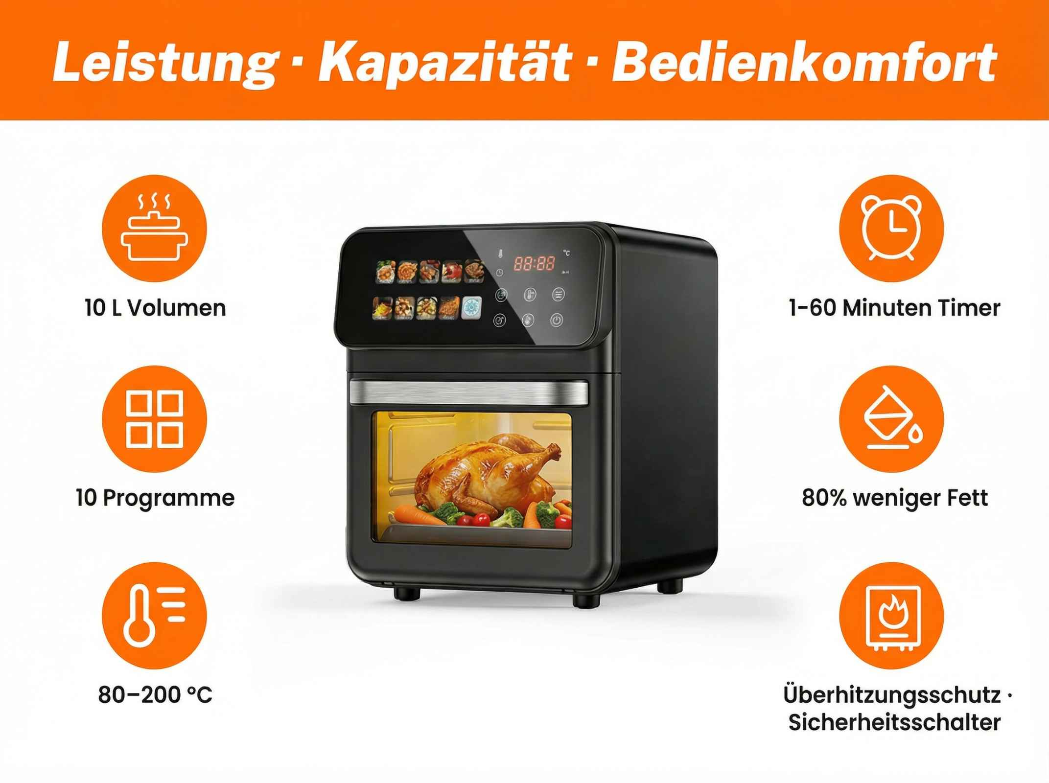 Ein schwarzer Heißluftfritteusenofen mit einem Brathähnchen darin.