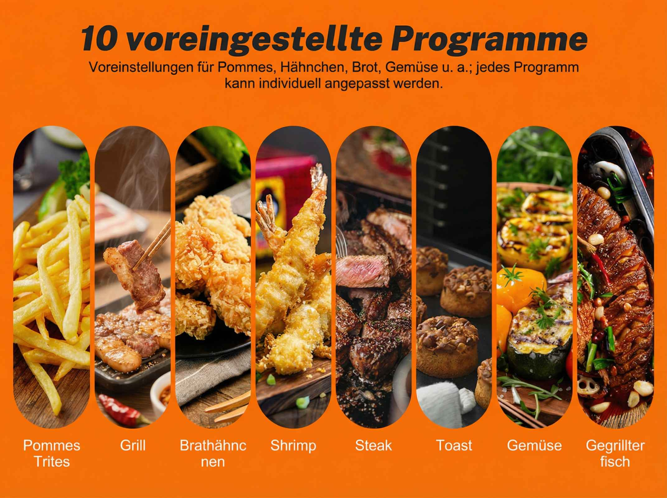 Collage zeigt 10 verschiedene Gerichte: Pommes, gegrilltes Fleisch, Hähnchen, Garnelen, Steak, Toast, Gemüse, Fisch.