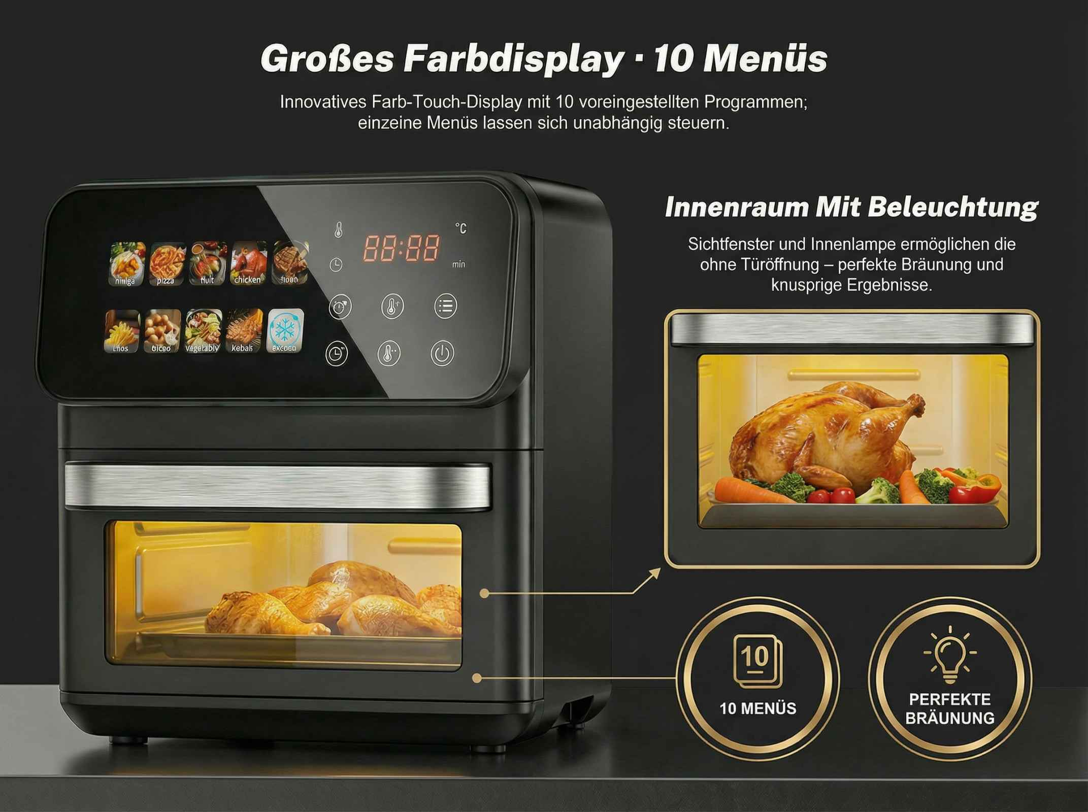 Ein schwarzer Heißluftfritteuse mit Touchscreen, Innenbeleuchtung und Garraum.