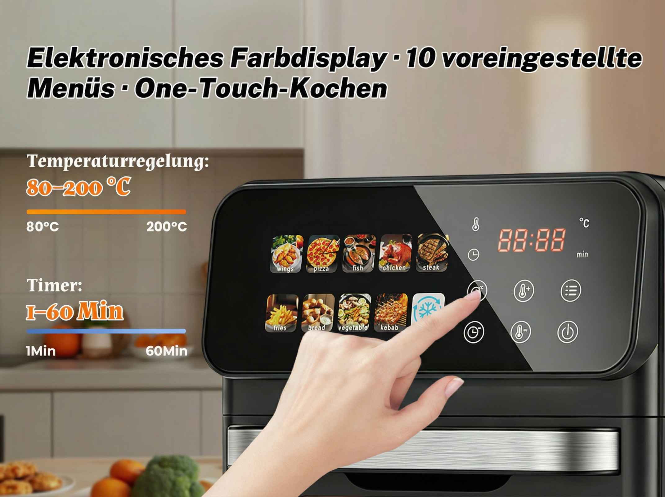 Ein Finger tippt auf ein digitales Display mit Kochprogrammen und Temperatur-/Timer-Einstellungen.