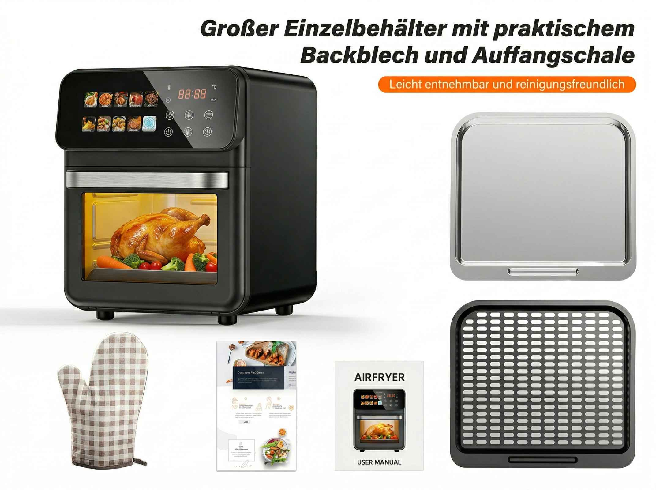 Ein schwarzer Heißluftfritteusen-Ofen mit Brathähnchen und Gemüse, Zubehörteilen.