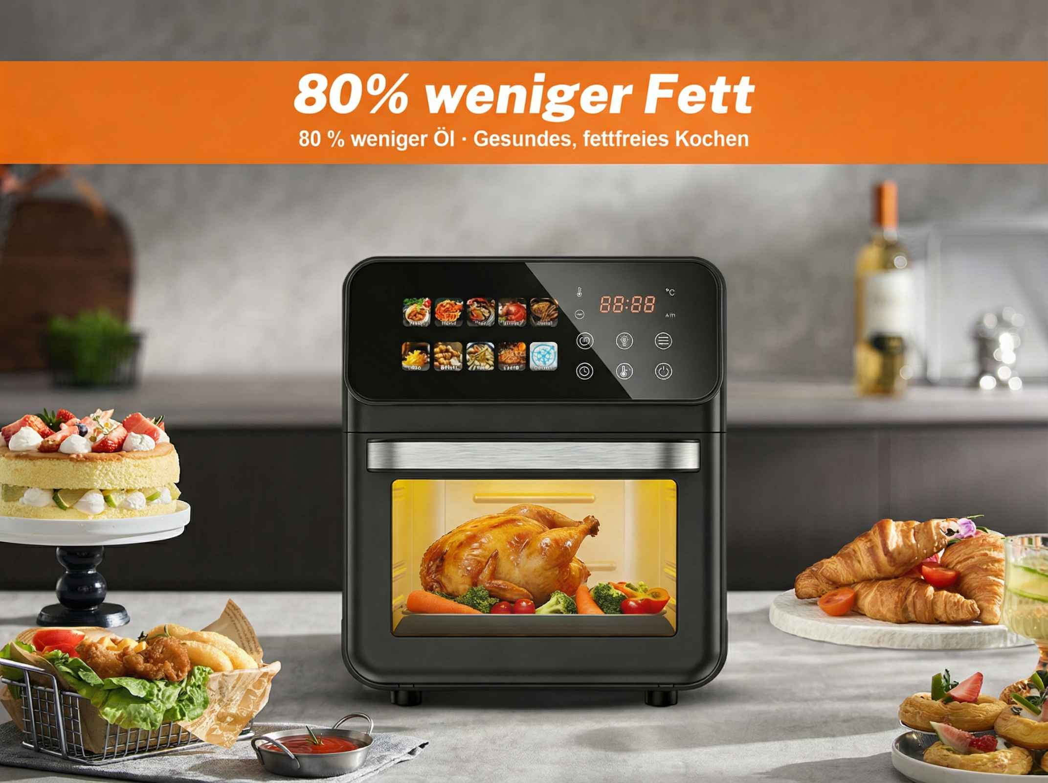 Airfryer mit gebratenem Huhn, Kuchen, Croissants und Pommes.