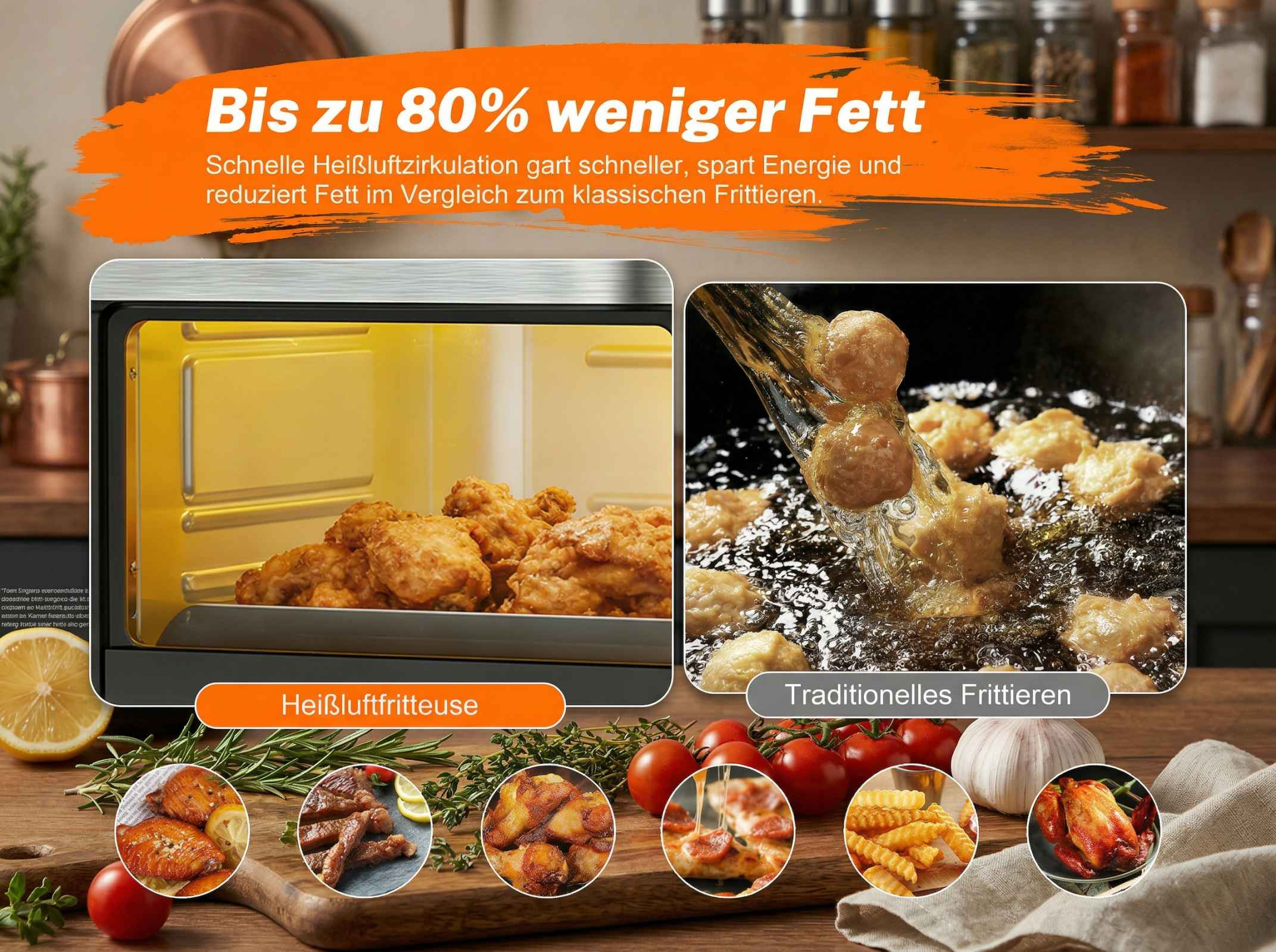 Heißluftfritteuse mit Hähnchen und Vergleich zu traditionellem Frittieren.