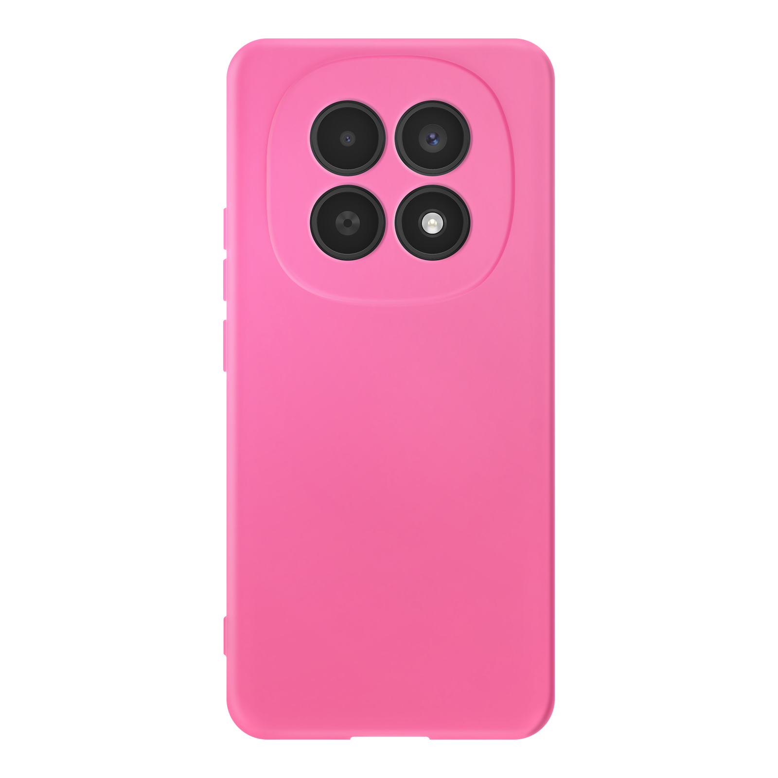 Una custodia rosa brillante per telefono con quattro fotocamere sul retro.