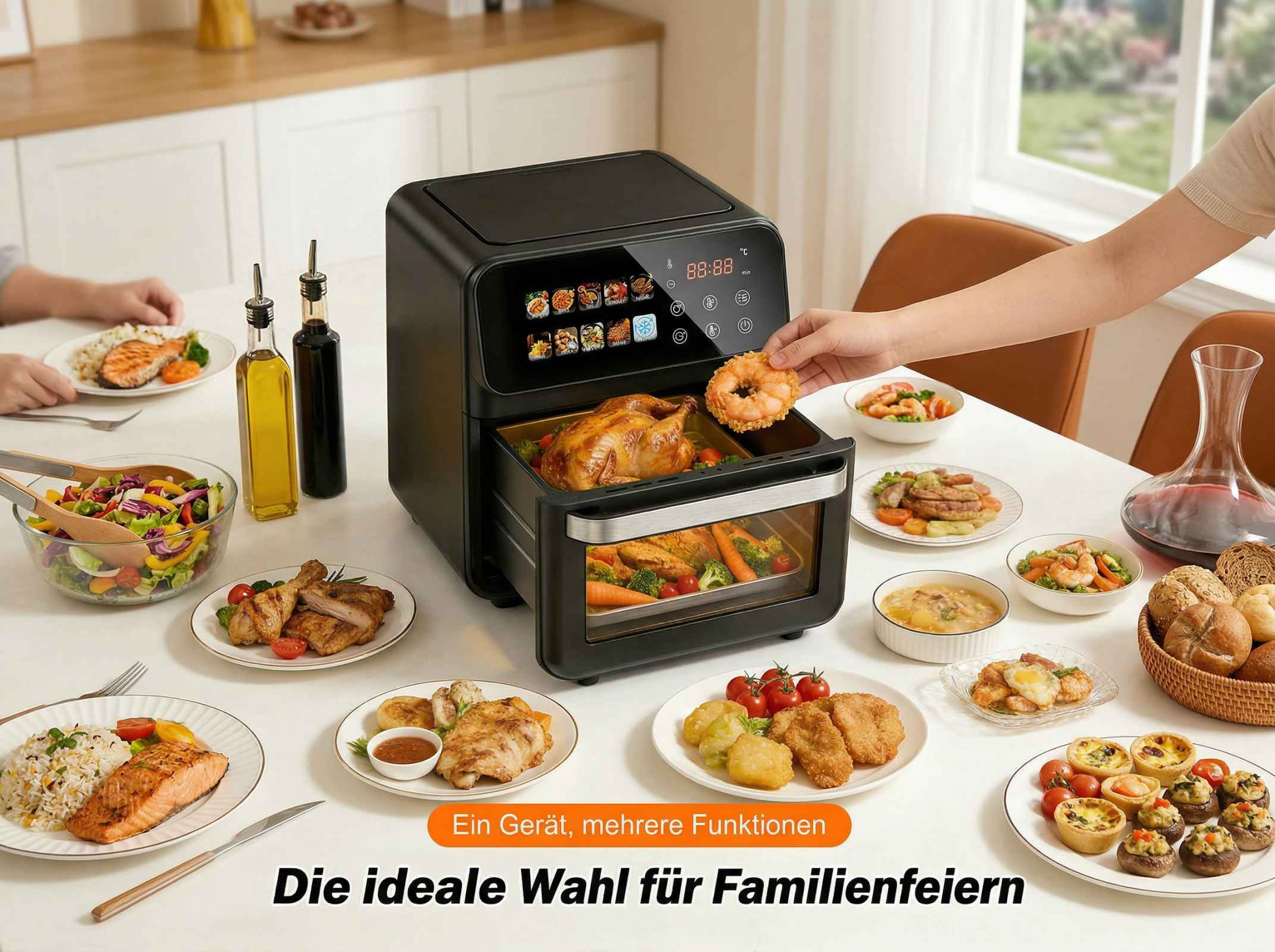Ein schwarzer Heißluftfritteusen-Ofen mit Hähnchen, Gemüse und Beilagen.