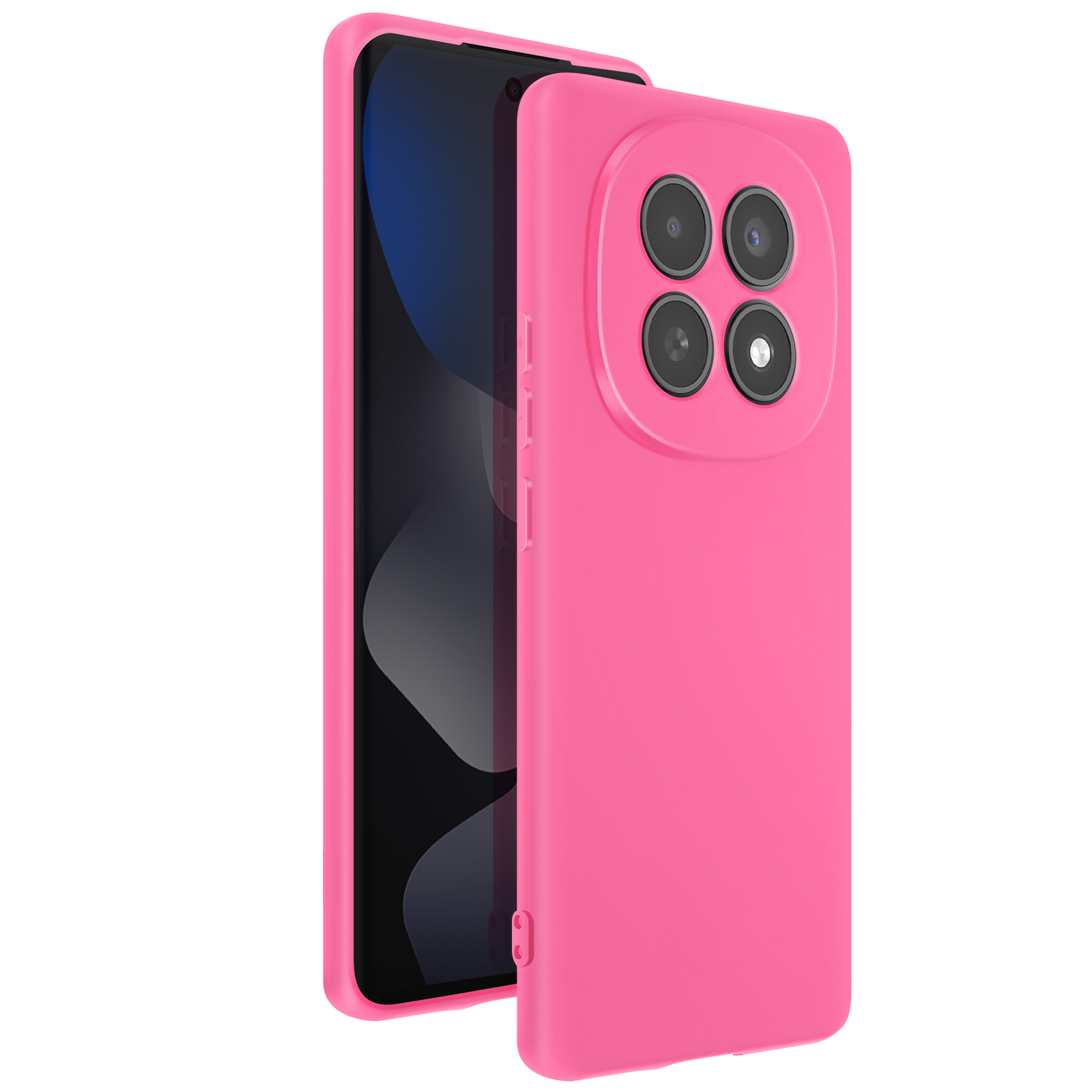 Uno smartphone rosa con quattro fotocamere sul retro.