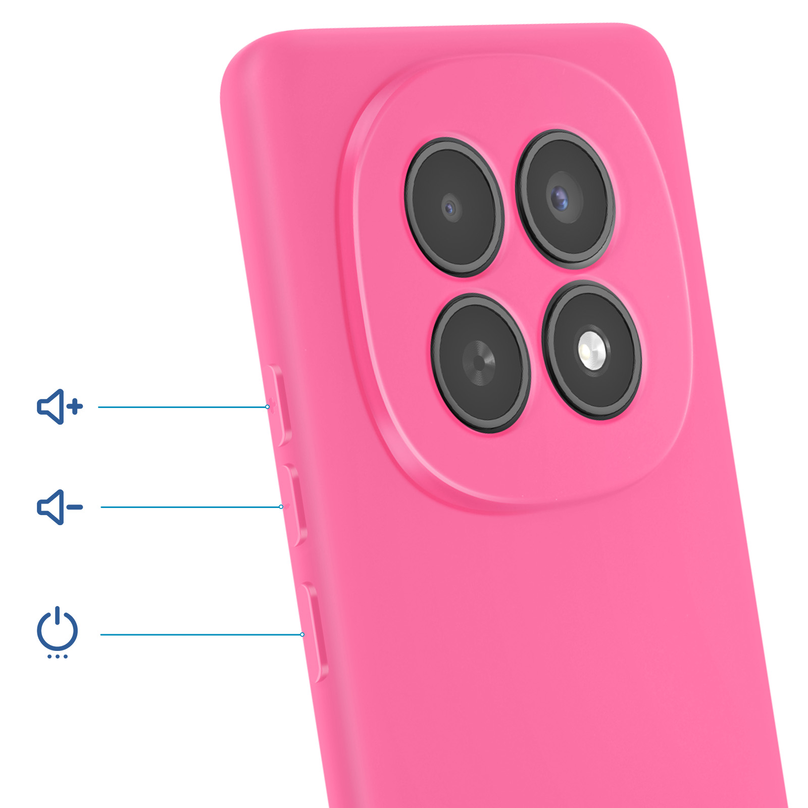 Uno smartphone rosa con configurazione a quattro fotocamere e pulsanti volume.