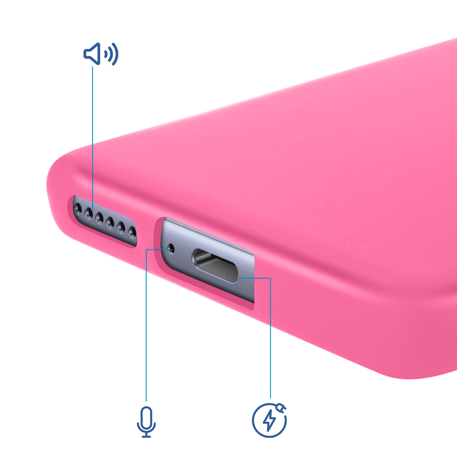 Primo piano di una custodia rosa per telefono che mostra altoparlante, microfono e porte di ricarica.