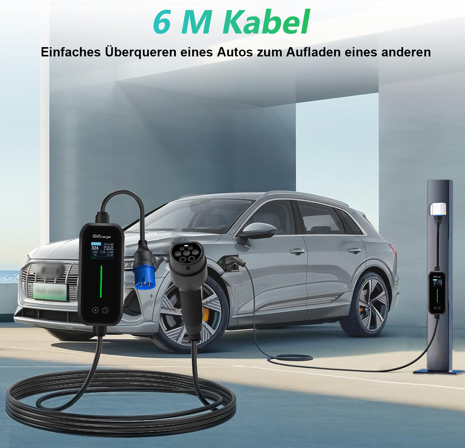 Ein Elektroauto wird mit einem 6-Meter-Kabel aufgeladen.
