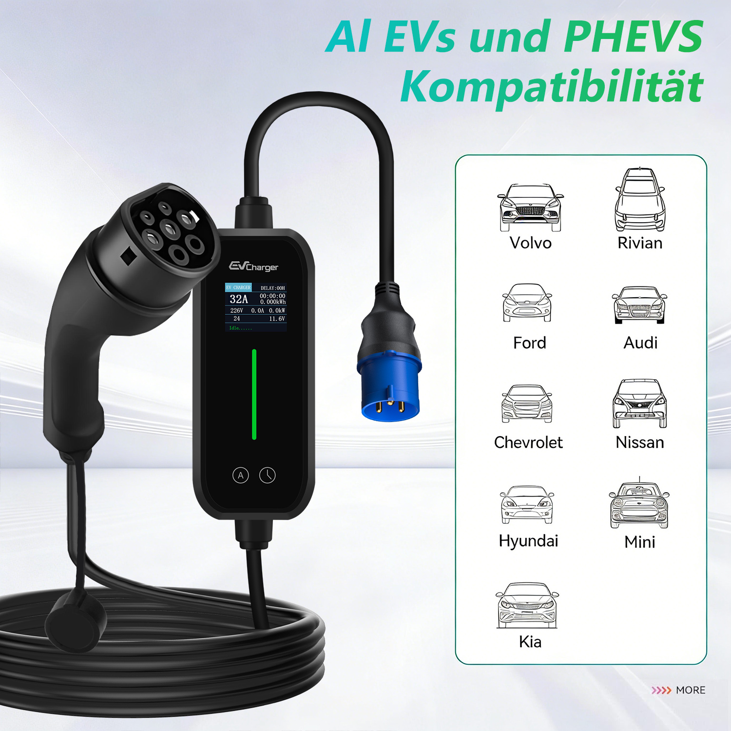 Ein EV-Ladegerät mit Kabel und Anzeige, neben Silhouetten von Autos.