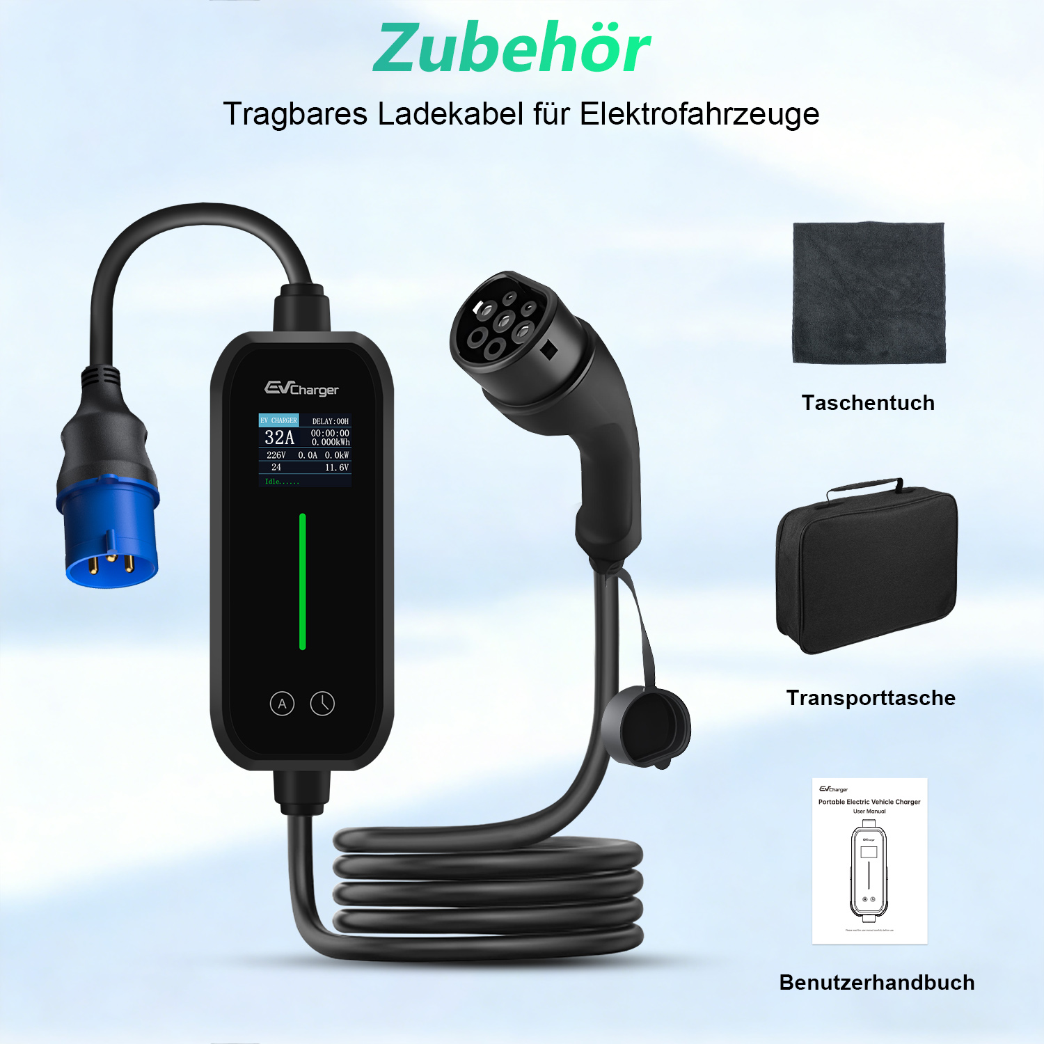 Cargador EV con cable, paño, bolsa y manual