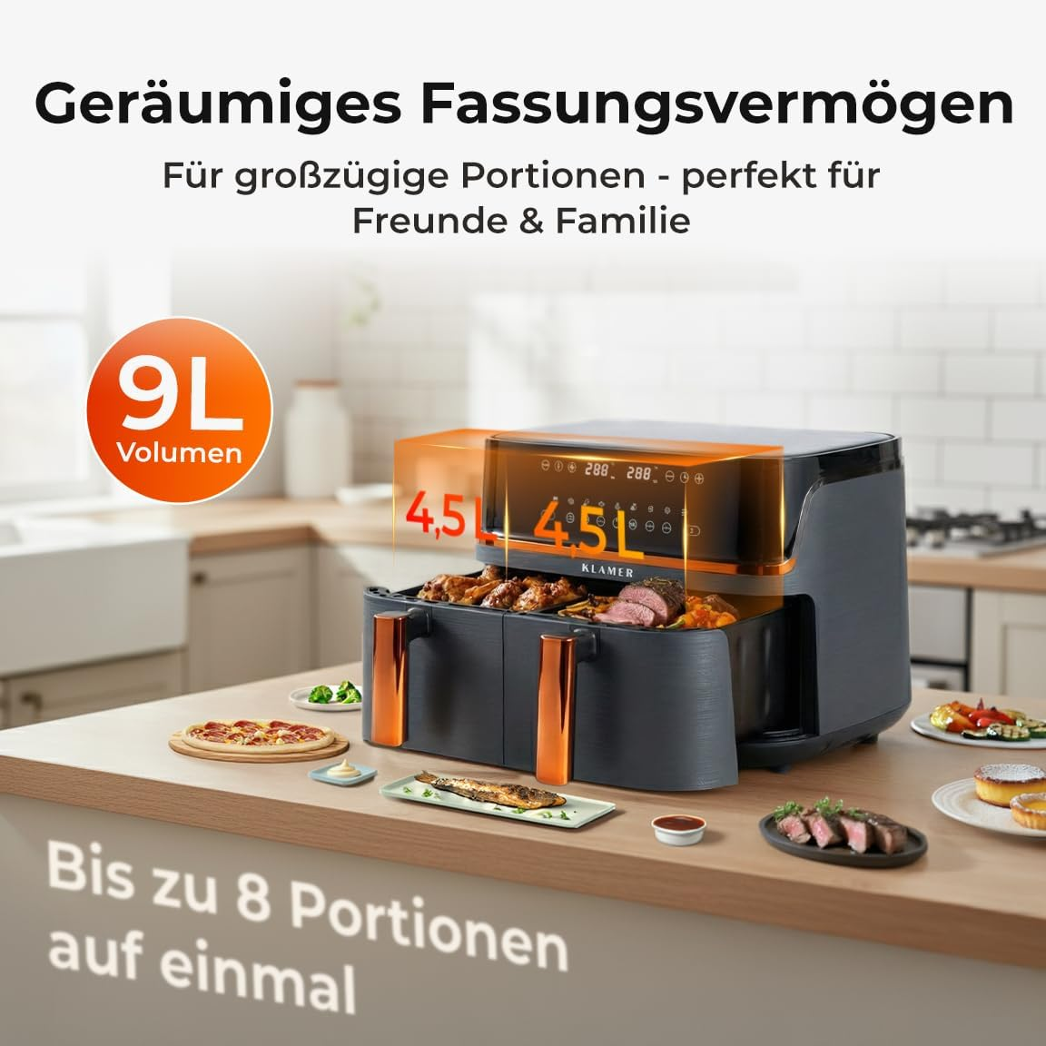 Große Heißluftfritteuse mit zwei Kammern, gefüllt mit Fleisch und Beilagen.
