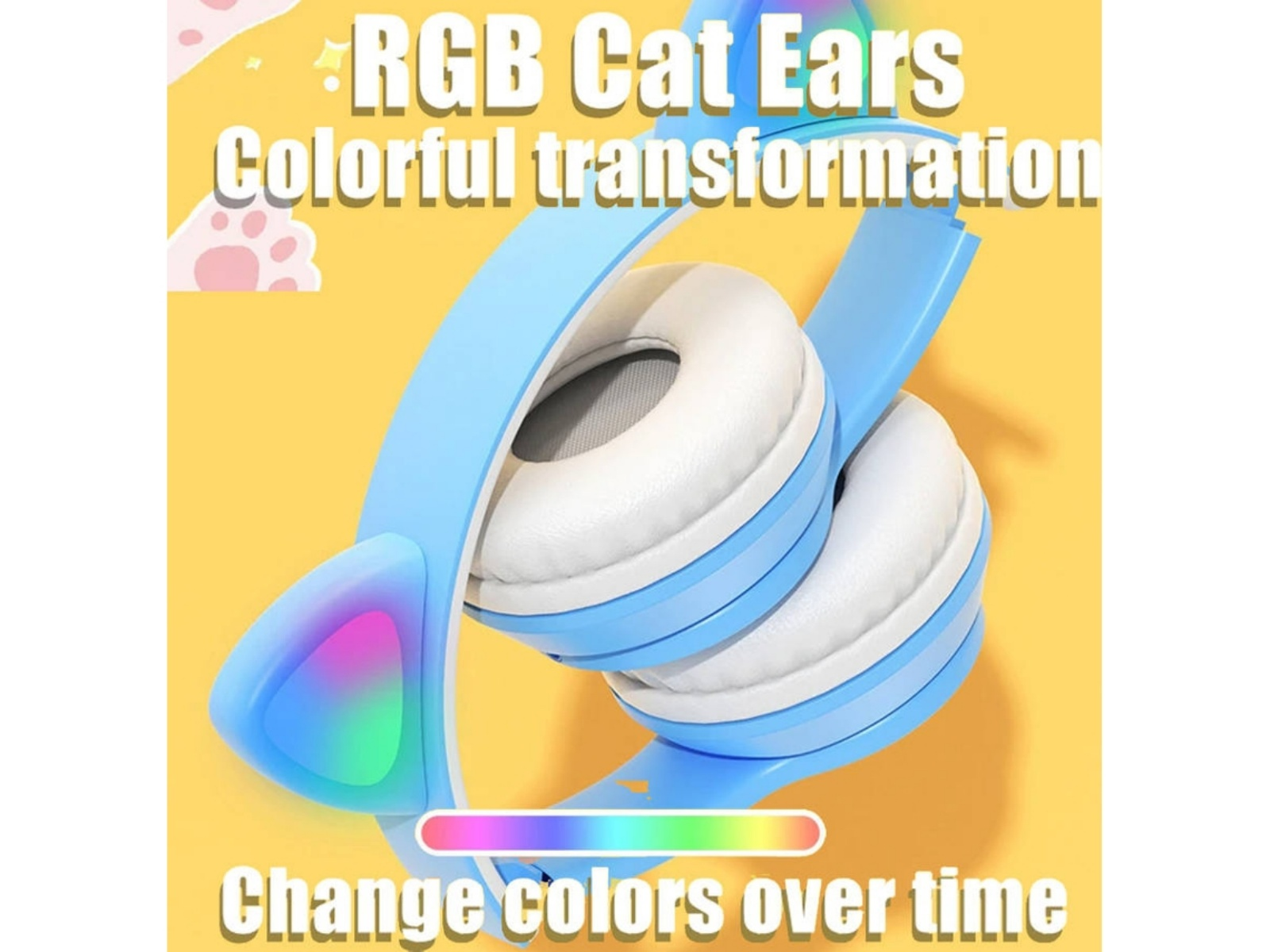 Blaue Kopfhörer mit Katzenohren und RGB-Beleuchtung auf gelbem Hintergrund.