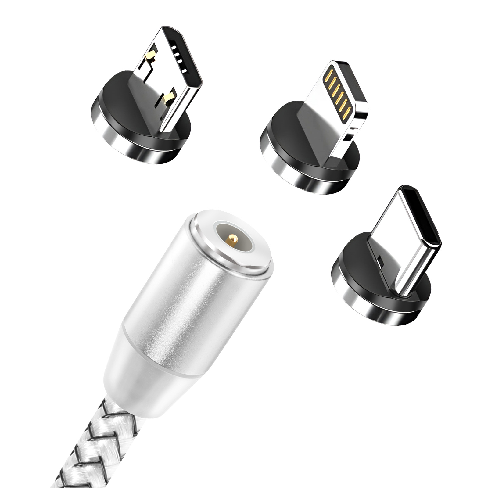 Un câble de chargement avec adaptateurs magnétiques pour USB-C, Lightning et Micro-USB.