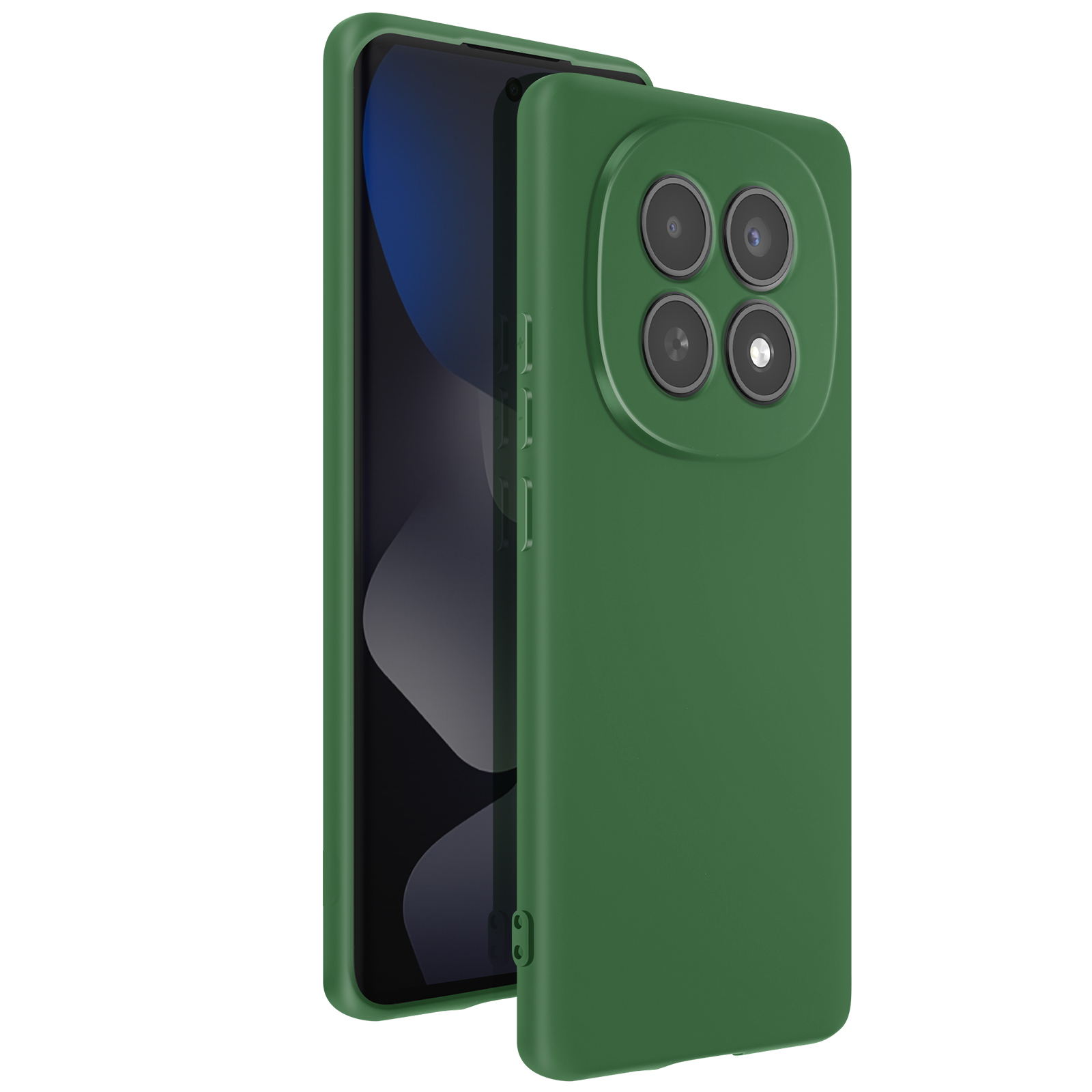 Uno smartphone verde con quattro fotocamere, mostrato in una custodia.