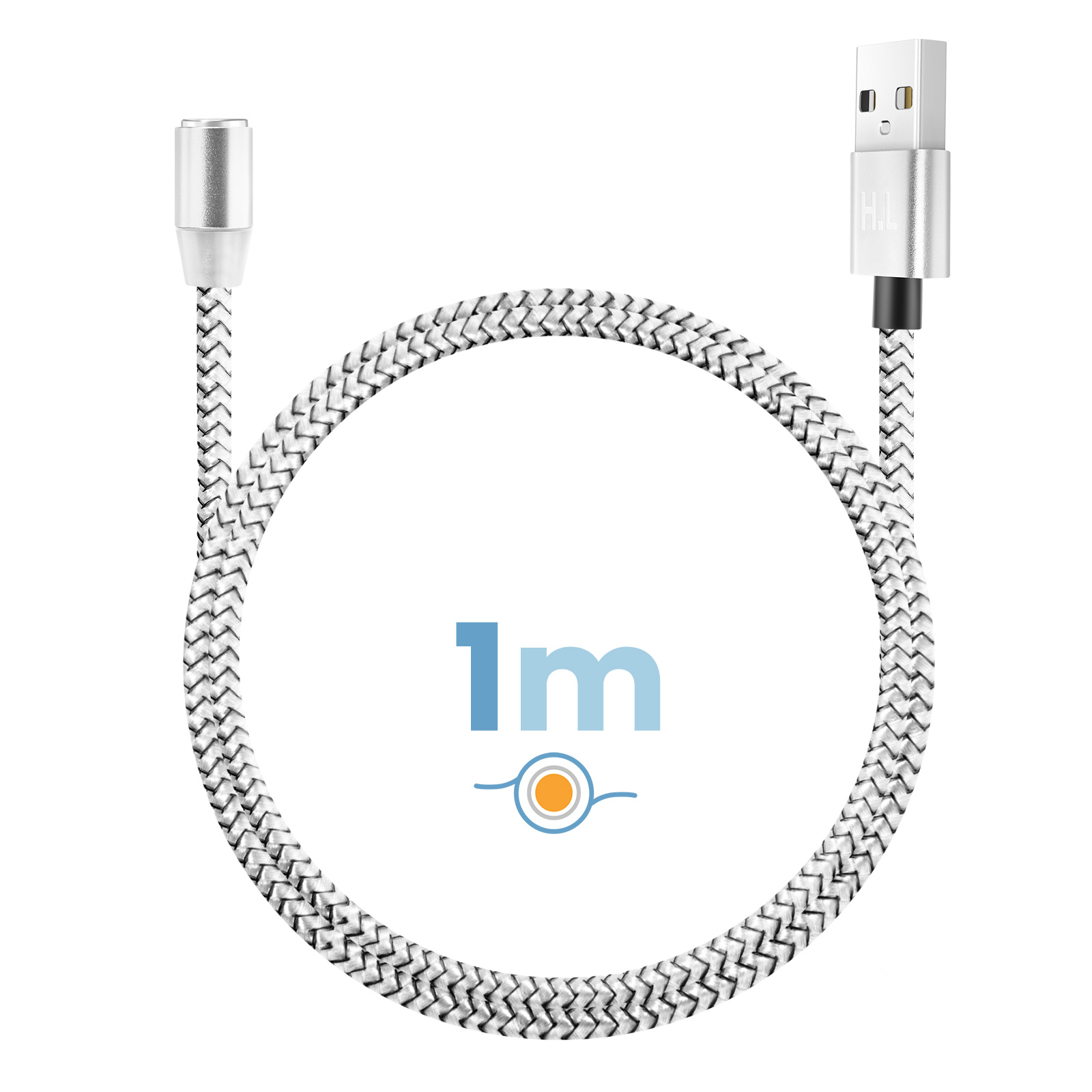 Un câble USB tressé blanc et gris avec connecteurs argentés. 1m.