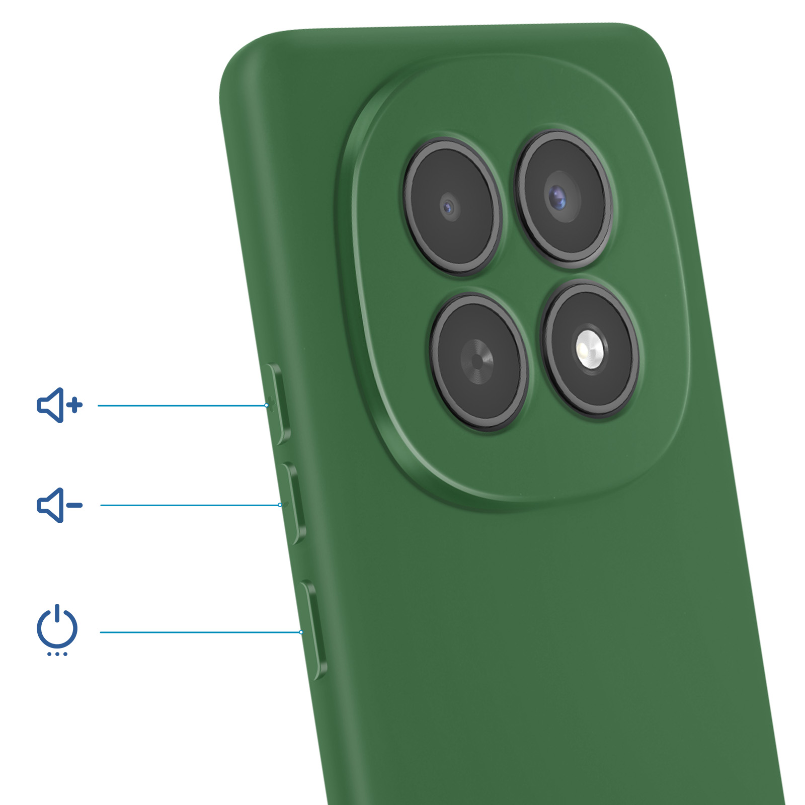 Retro del telefono verde con quattro fotocamere e pulsanti laterali.