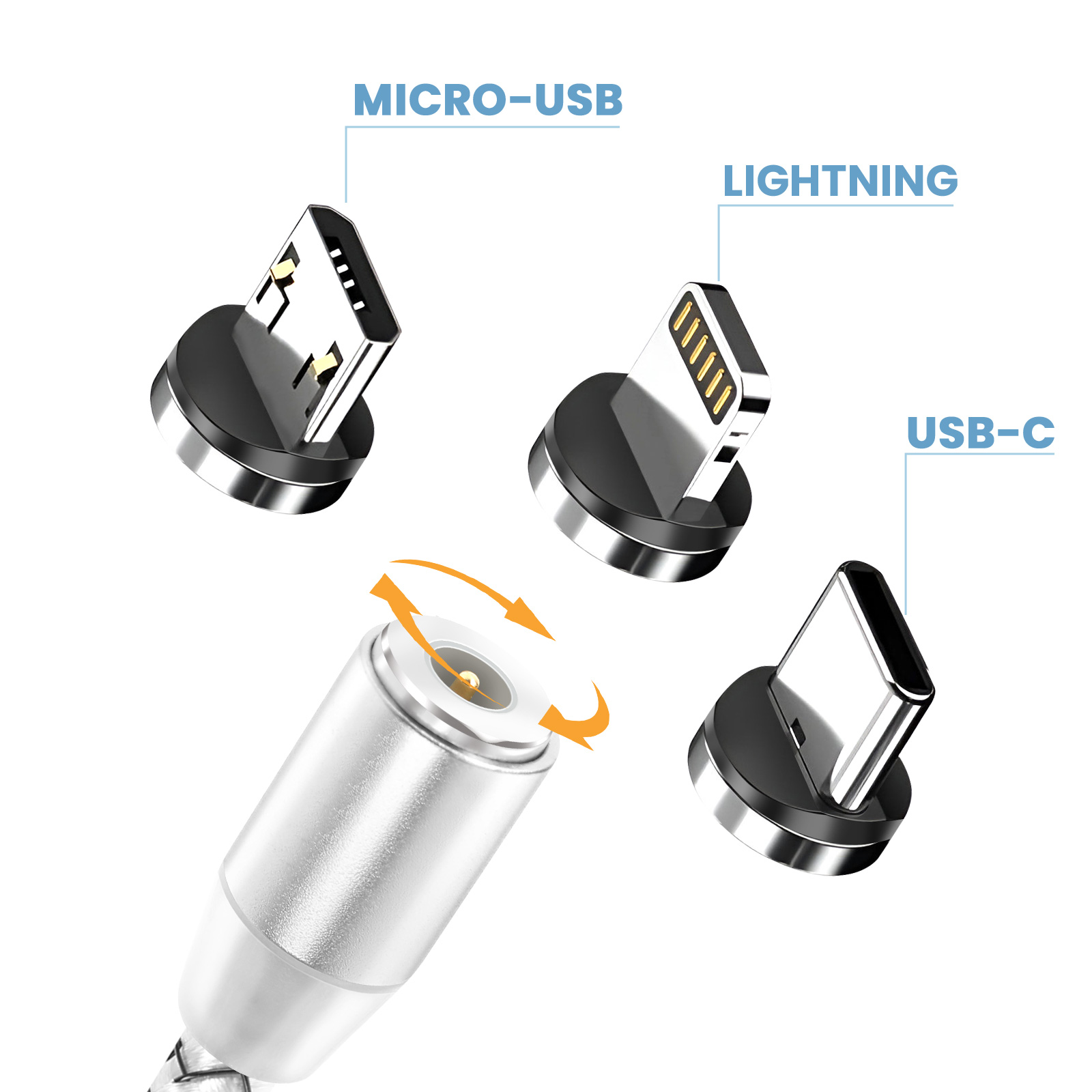 Adaptateurs de charge magnétiques : Micro-USB, Lightning et USB-C.