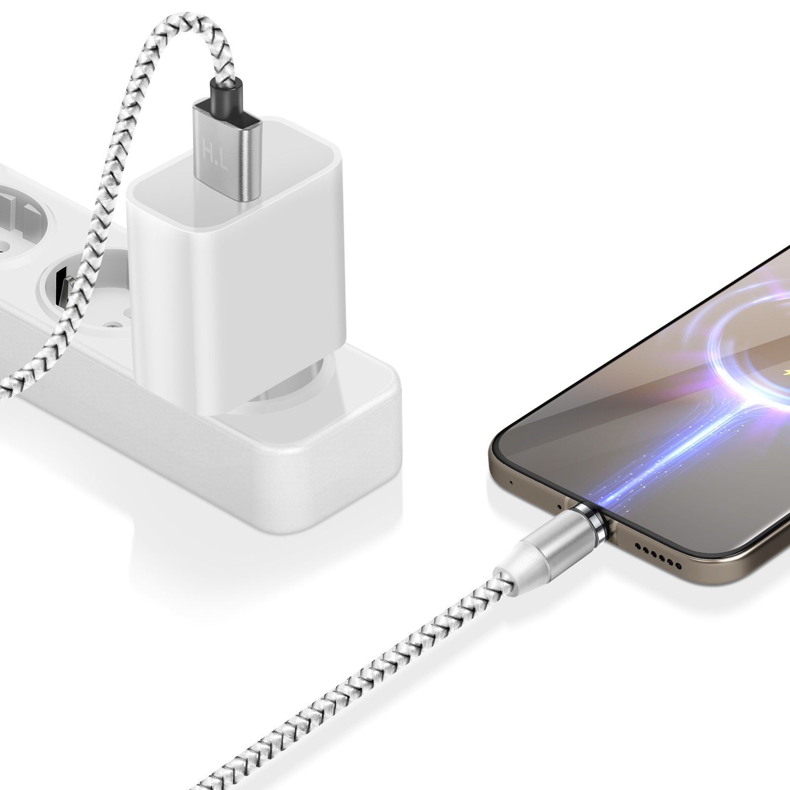 Un câble de chargement blanc connecte un smartphone à un adaptateur secteur branché sur une prise.
