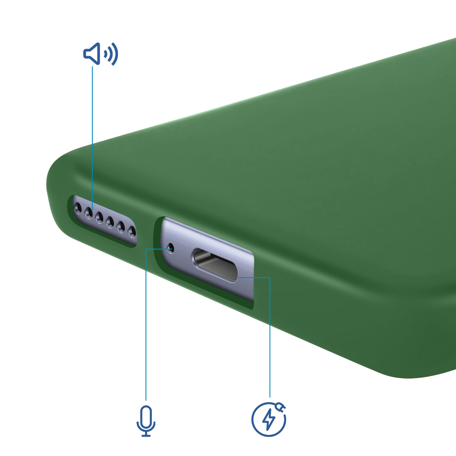 Custodia verde per telefono con porte e icone per audio, microfono e ricarica.