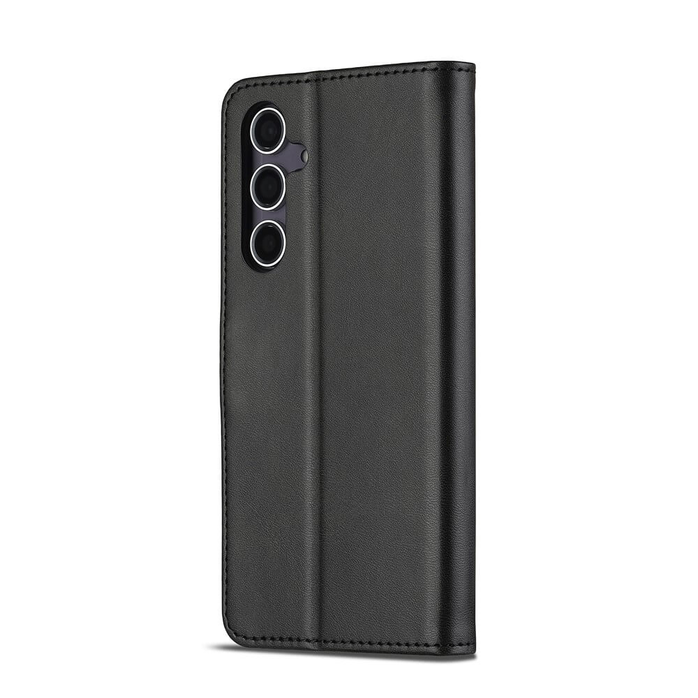 Custodia nera per telefono con tre ritagli per fotocamera sul lato sinistro.