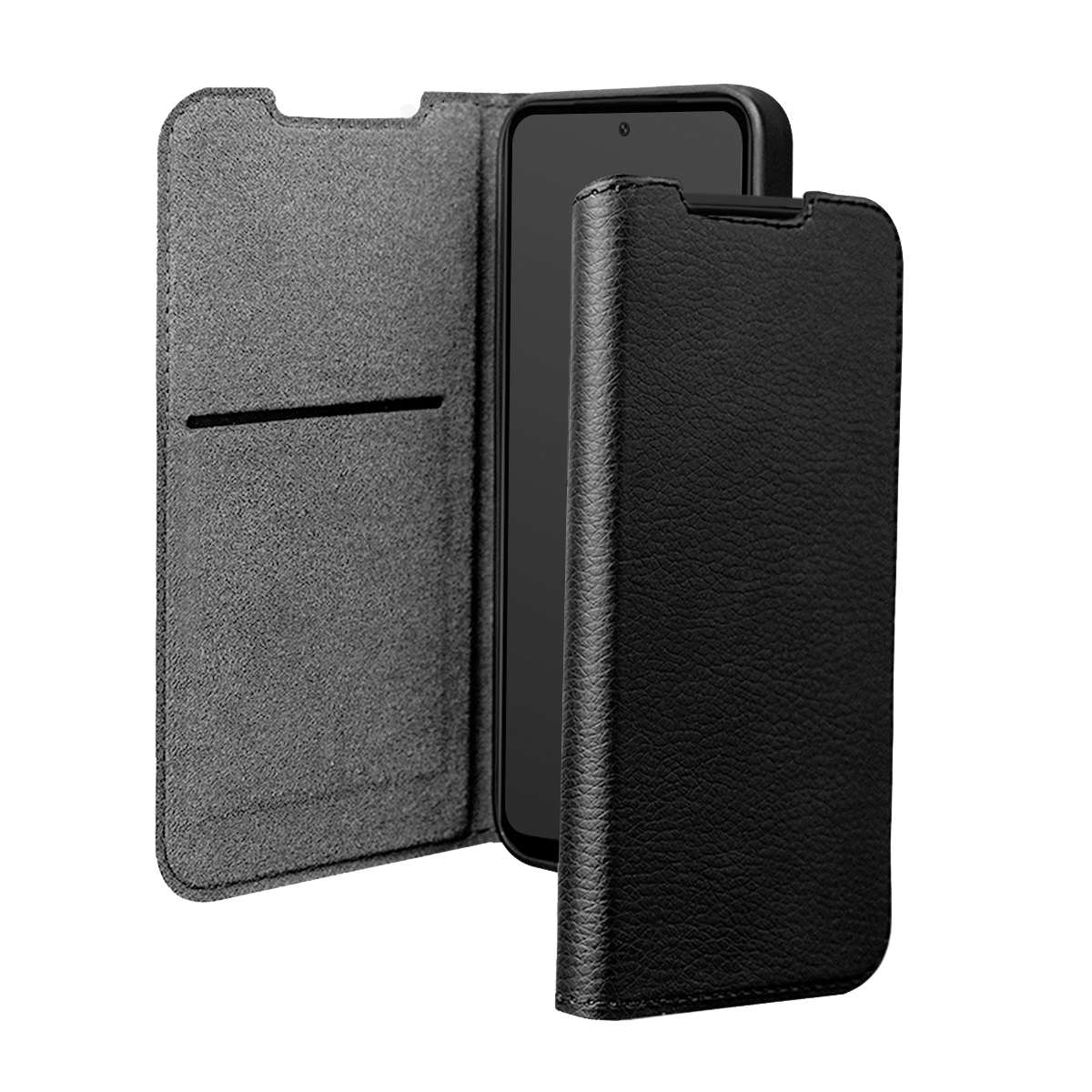 Custodia a libro in pelle nera per smartphone, aperta con telefono all'interno.