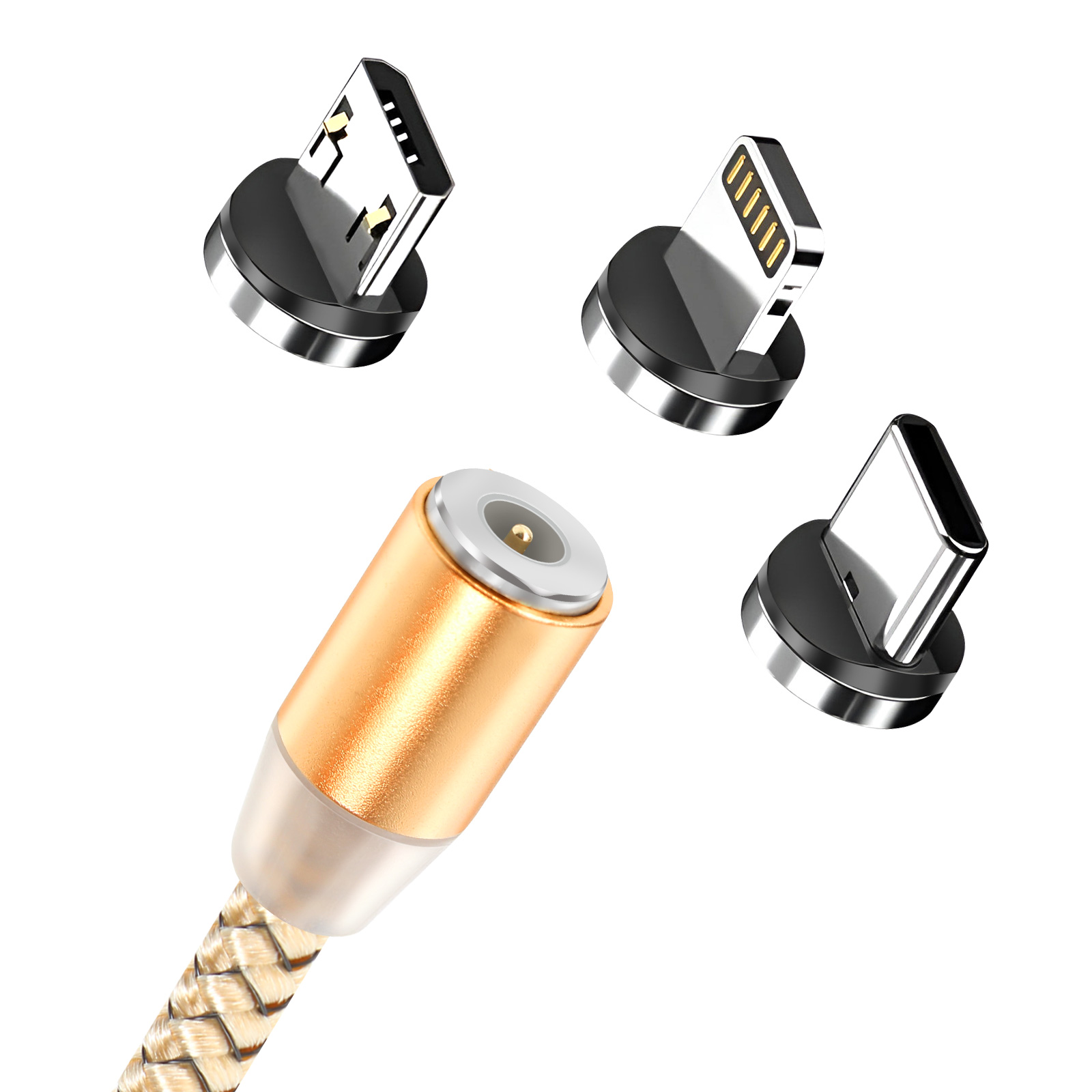 Une tête de câble de chargement dorée avec trois adaptateurs magnétiques : USB-C, Lightning et Micro-USB.