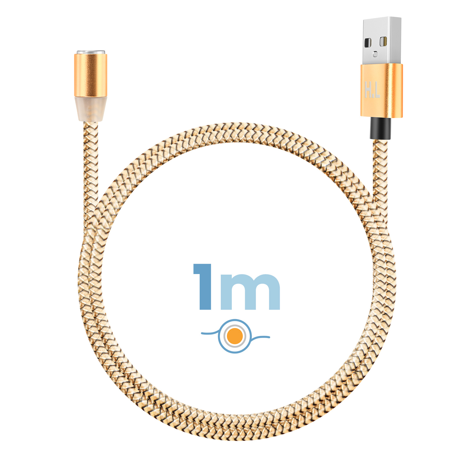 Un câble USB tressé doré avec logo et indication 1m.