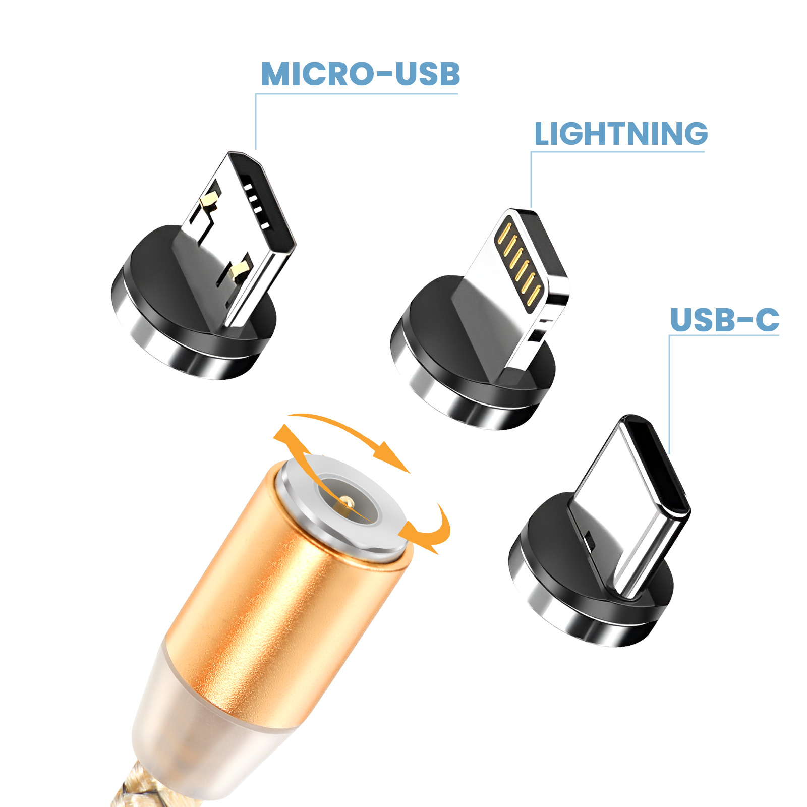 Adaptateurs de charge magnétiques : Micro-USB, Lightning et USB-C avec câble doré.