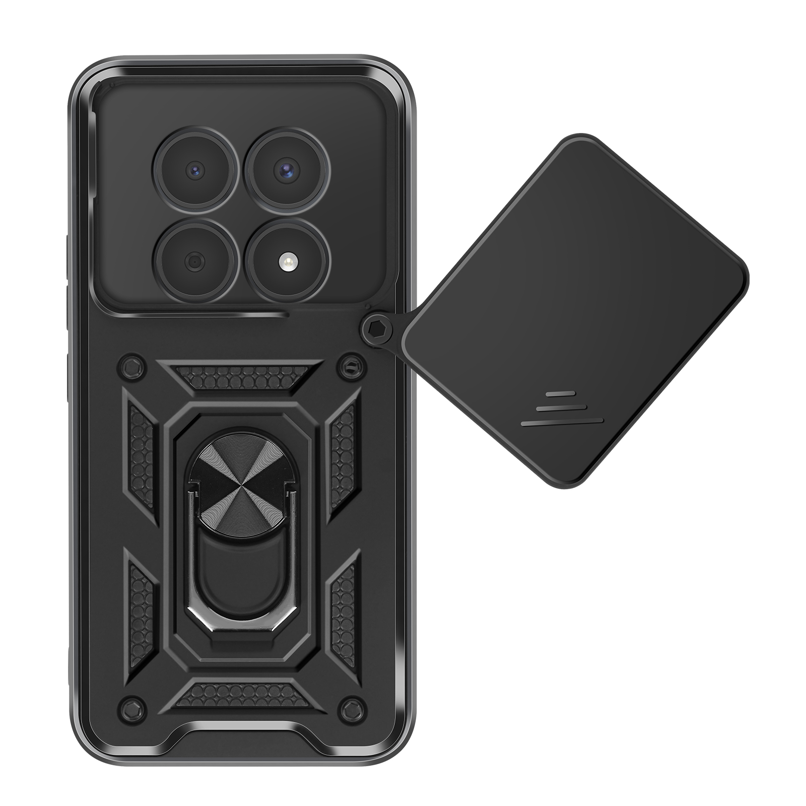 Coque de téléphone noire avec quatre caméras, support anneau et cache coulissant.