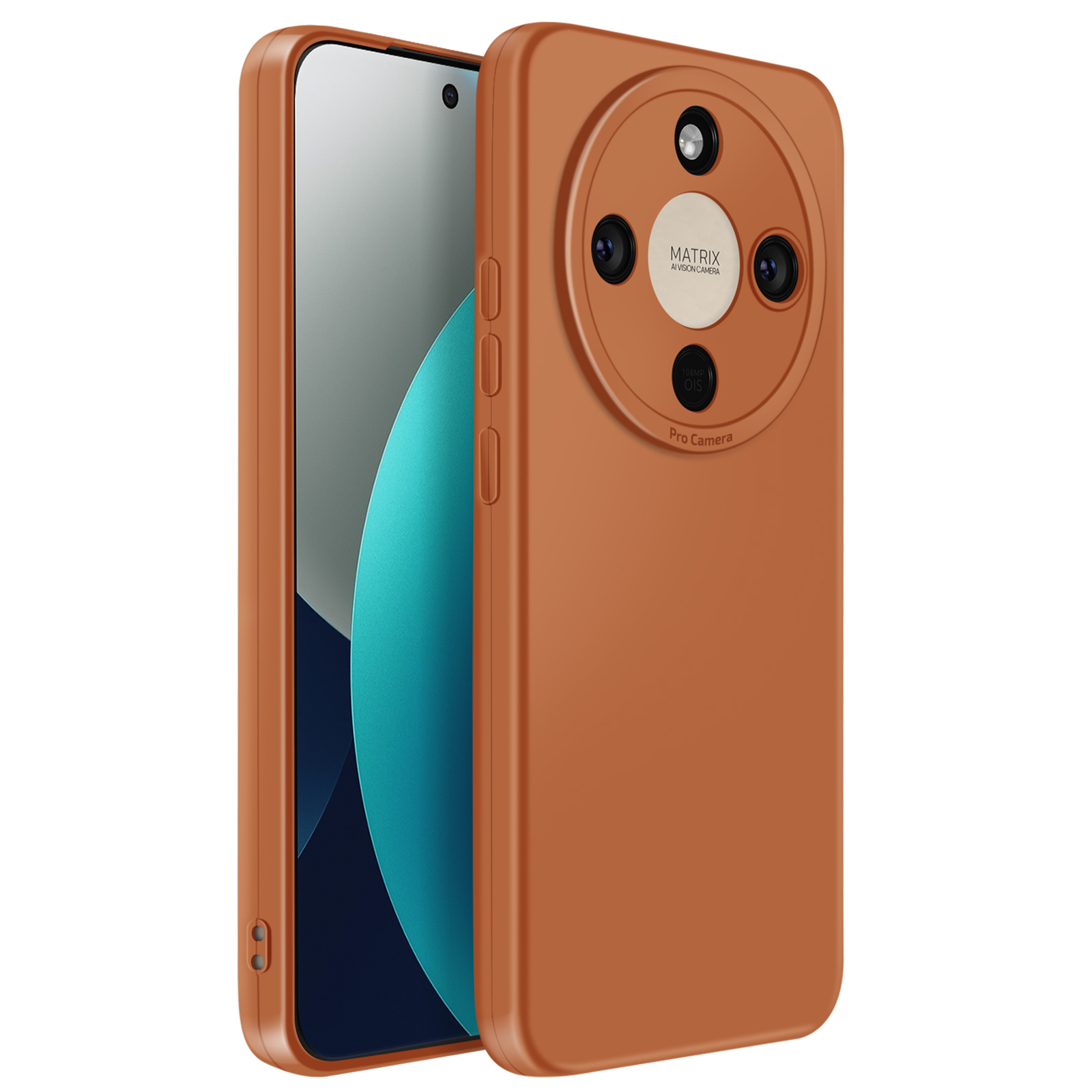 Bruine telefoon met quad camera en zilveren ring op witte achtergrond.