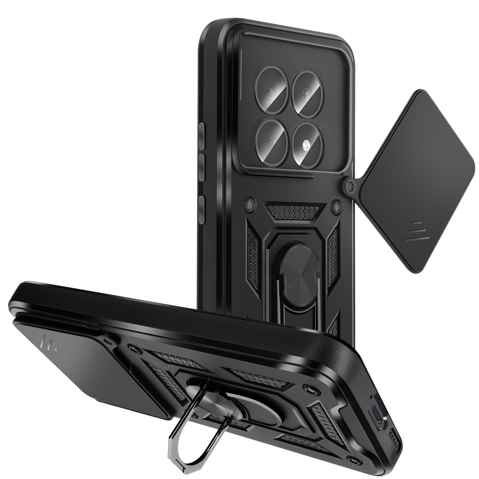 Coque noire pour téléphone avec 4 caméras, support anneau et rabat.