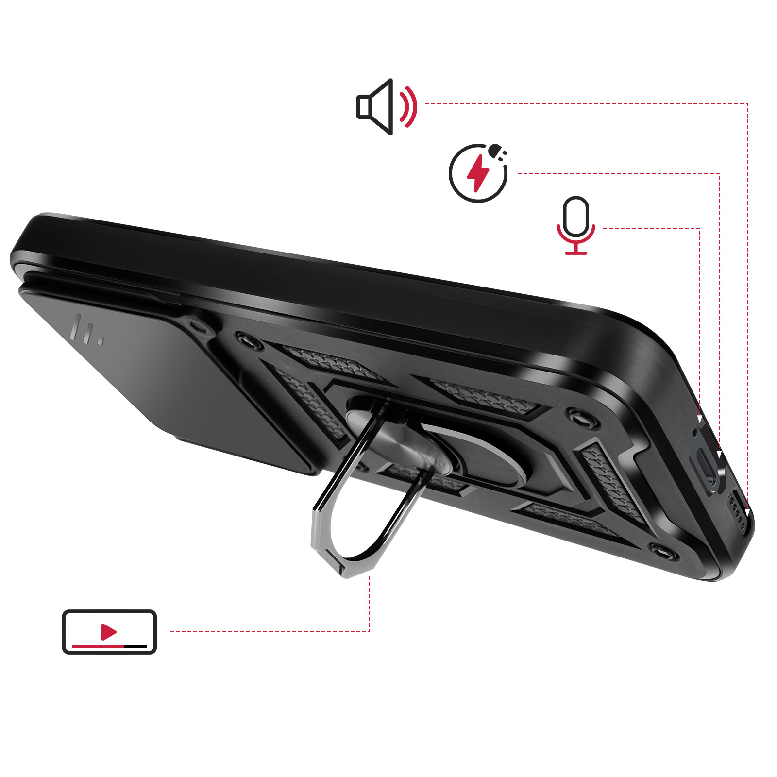 Coque de téléphone noire avec support anneau, icônes de charge et micro.