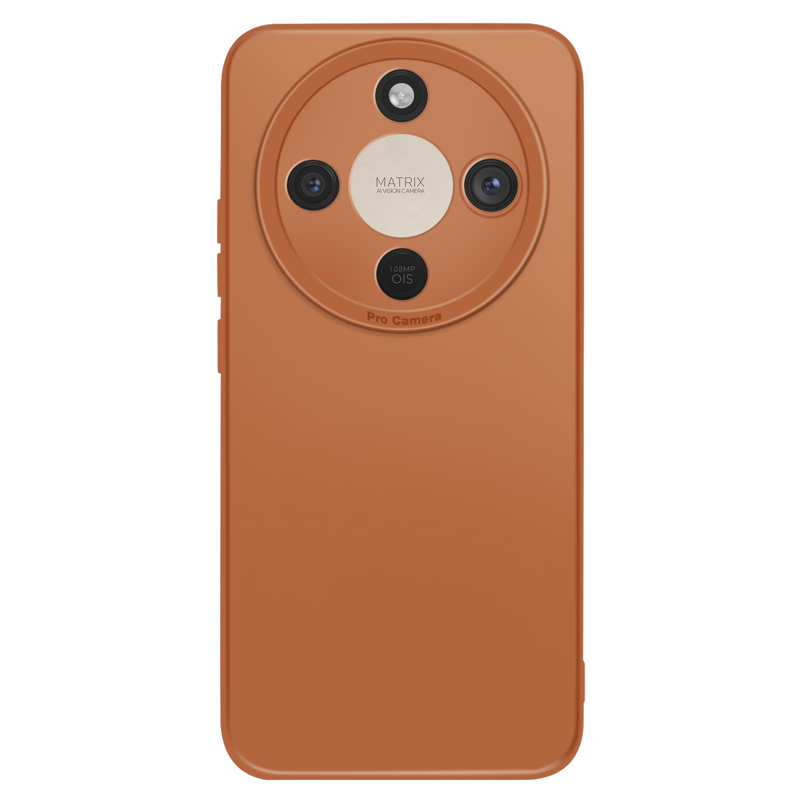 Achterkant van een oranje smartphone met vier camera's en "Pro Camera" tekst.