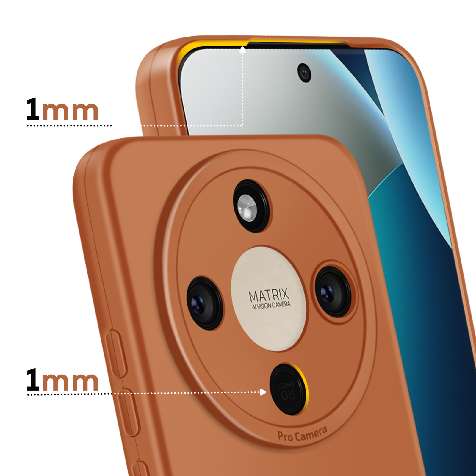 Oranje telefoonhoes met 1mm rand, toont camera-array.