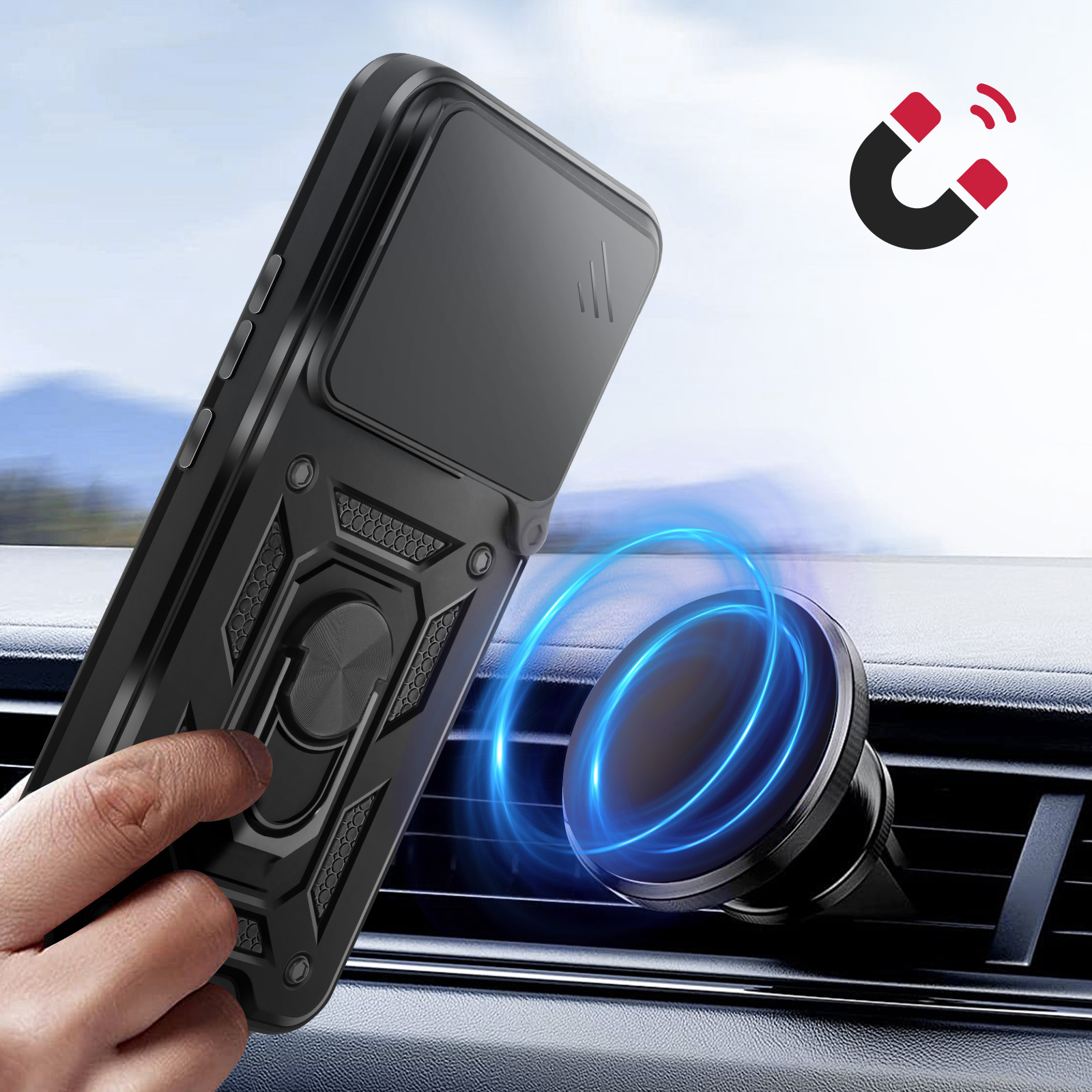 Coque de téléphone noire avec anneau magnétique se fixe au support d'aération.