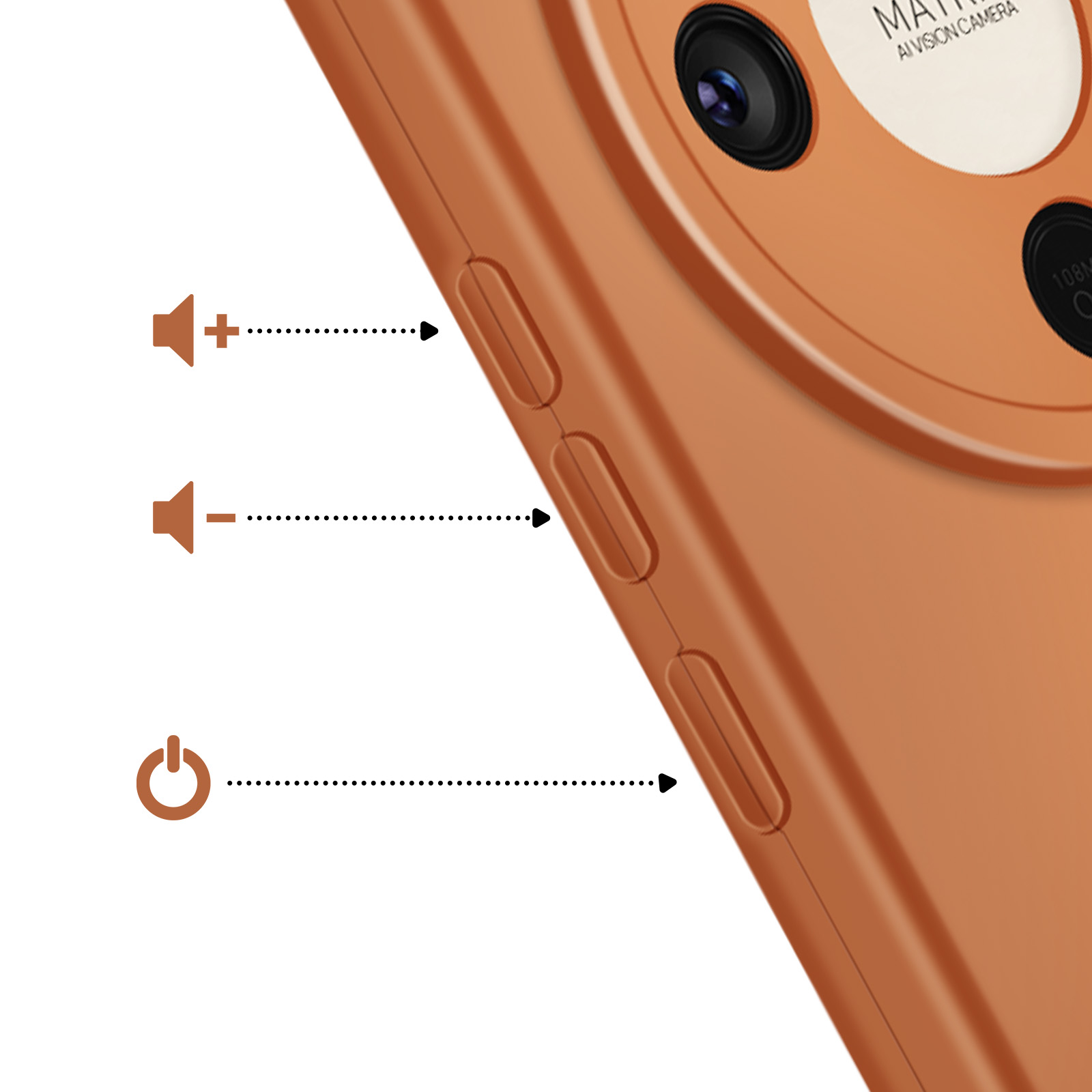 Oranje telefoonhoes met volume- en aan/uit-knoppen.