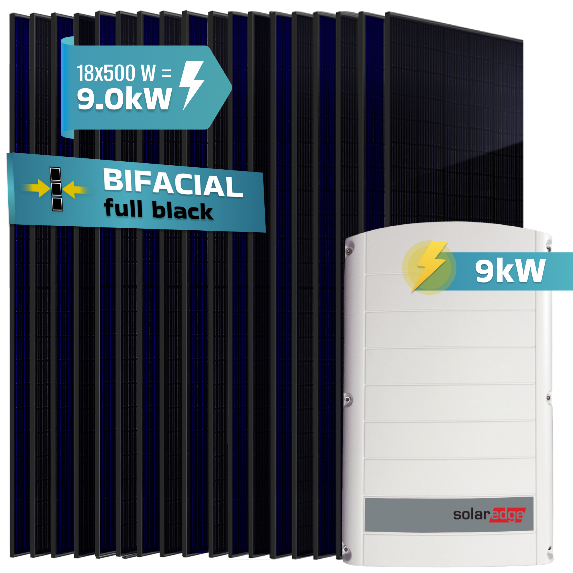 Solaranlage mit Wechselrichter: 18x500W=9.0kW, BIFACIAL full black.
