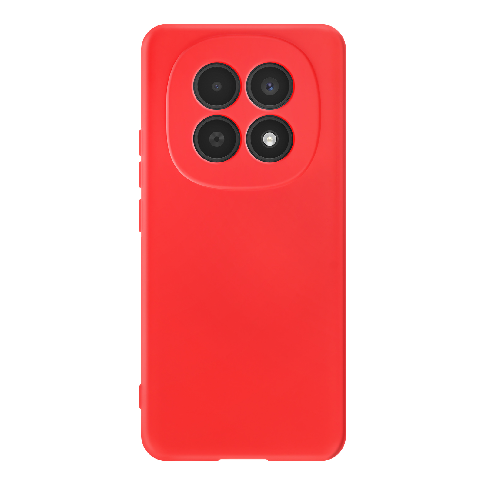 Custodia rossa per telefono con quattro obiettivi in un ritaglio quadrato.